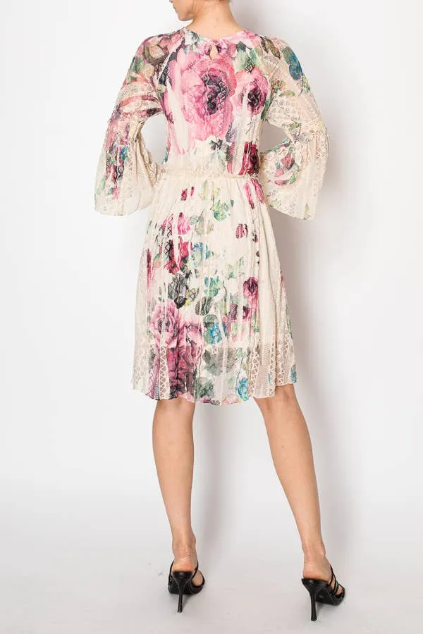Denim Big Rose Lined Lace Long Sleeve Short Dress