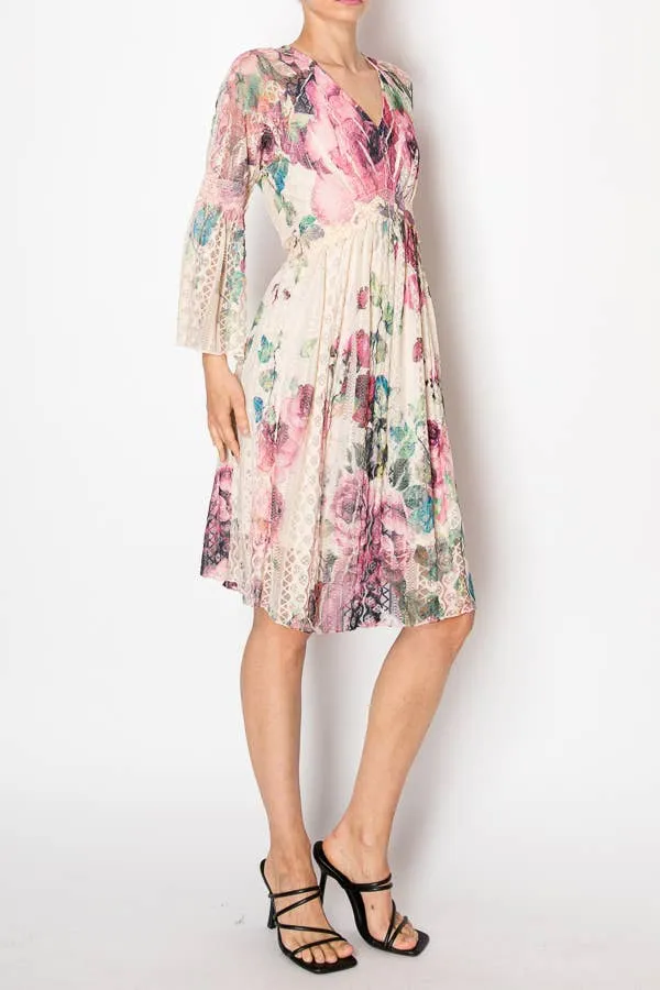 Denim Big Rose Lined Lace Long Sleeve Short Dress