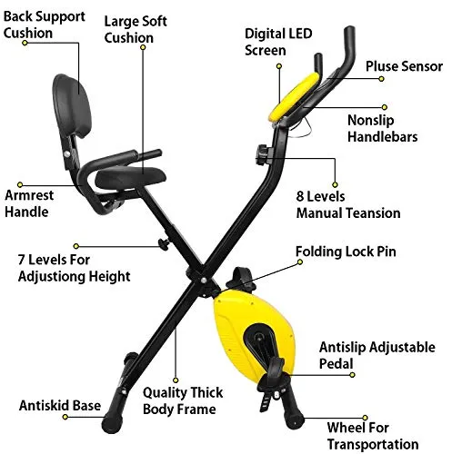 Dolphy Folding Exercise X Bike, Fitness Upright ,Aerobic Trainer X-Bike with 8-Level Adjustable Resistance, Arm and Backrest - Yellow