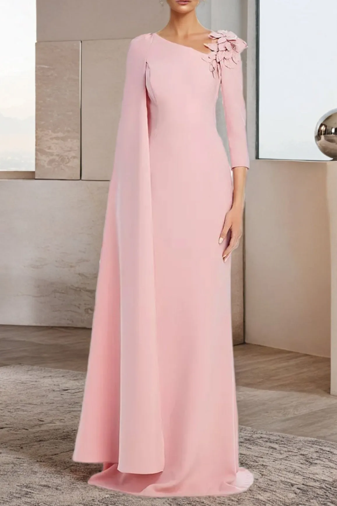 Elegant 3/4 Sleeve Pink Long Prom Dress with Appliques