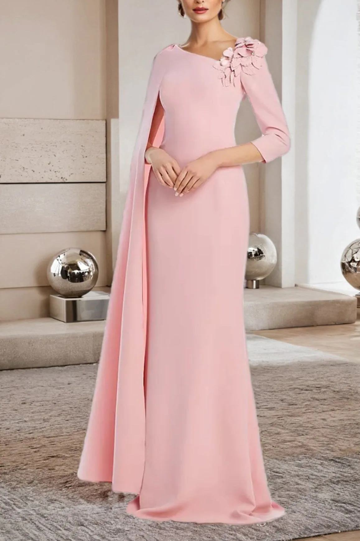 Elegant 3/4 Sleeve Pink Long Prom Dress with Appliques