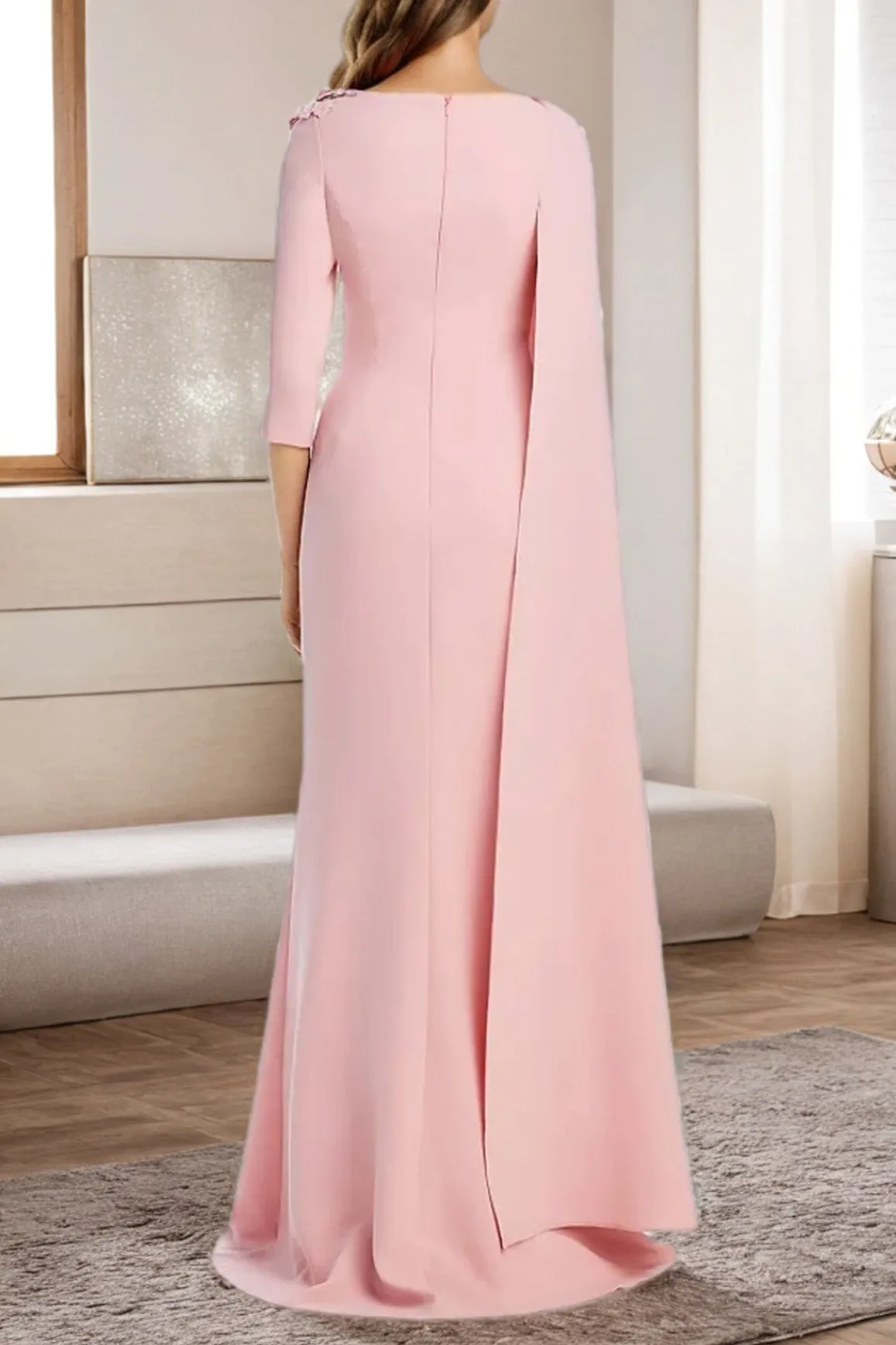 Elegant 3/4 Sleeve Pink Long Prom Dress with Appliques