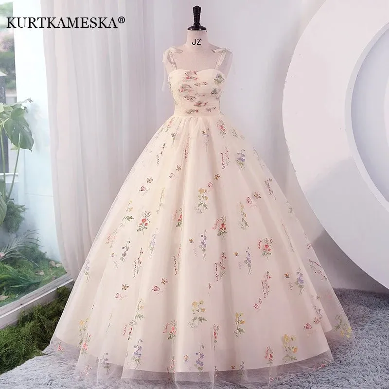 Elegant Floral Embroidered Ball Gown Formal Dress for Prom Wedding Guest