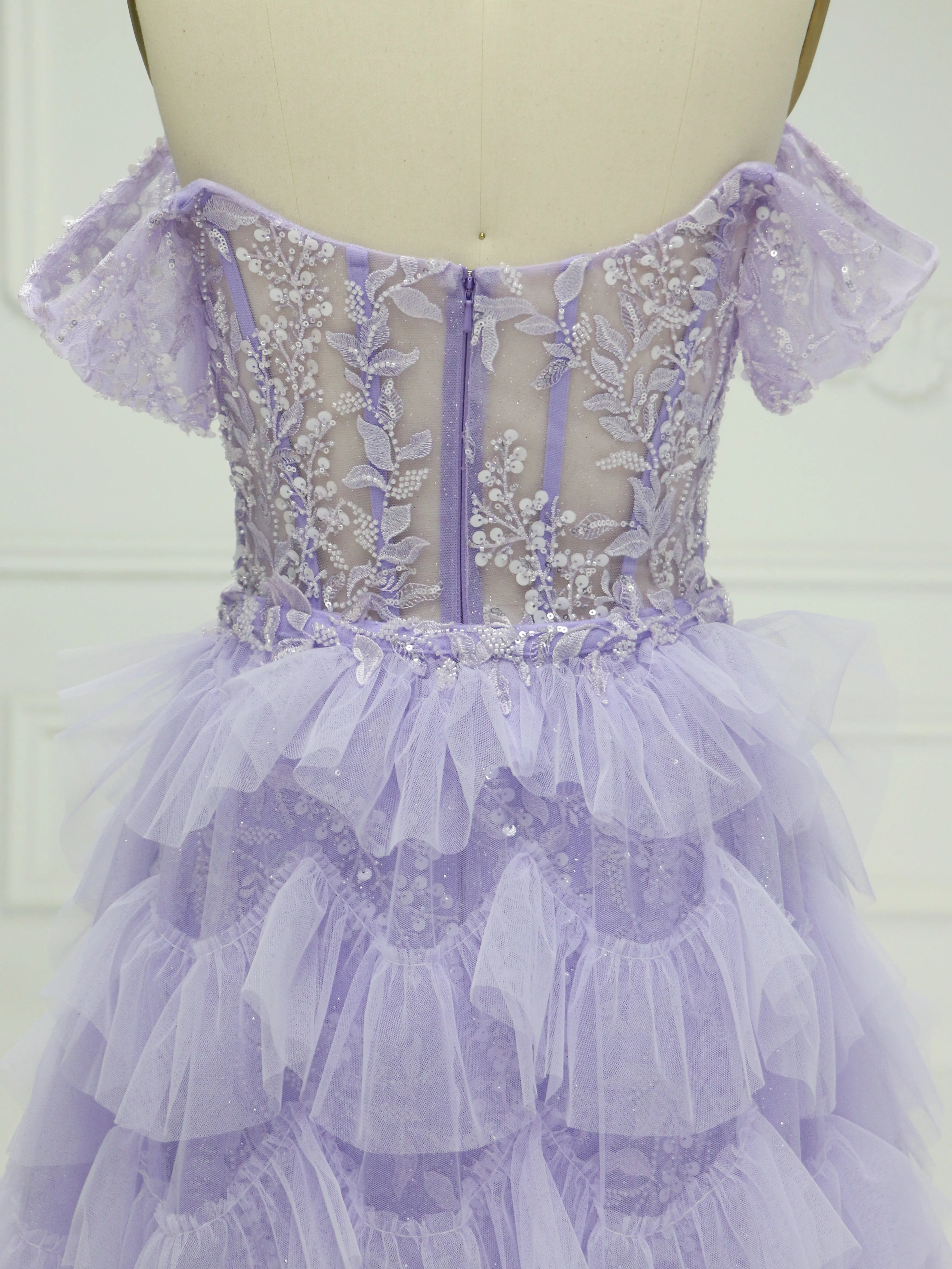 Elegant Off The Shoulder Embroidery Lace tulle Lilac Prom Gown with Detachable Train YE2540