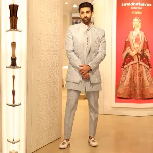 Elegant White Silk Indowestern with Intricate Design