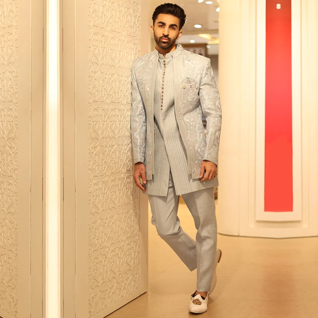 Elegant White Silk Indowestern with Intricate Design