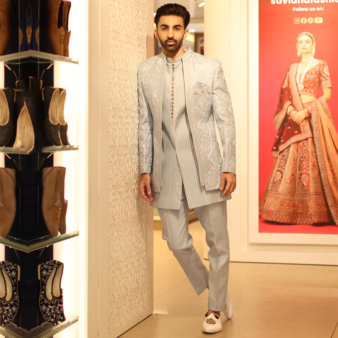 Elegant White Silk Indowestern with Intricate Design