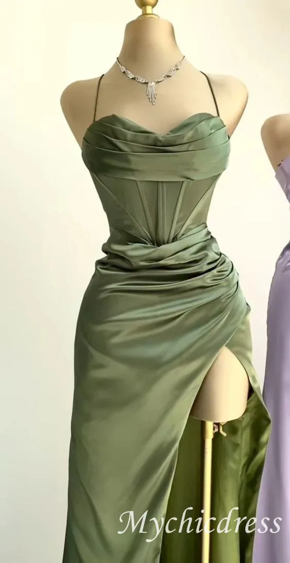 Floor Length Green Mermaid Formal Wedding Guest Dress With Slit