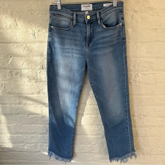 Frame Le High Straight Josie Wash Bohemiam Fringed Ankle Hem 70's SZ 26