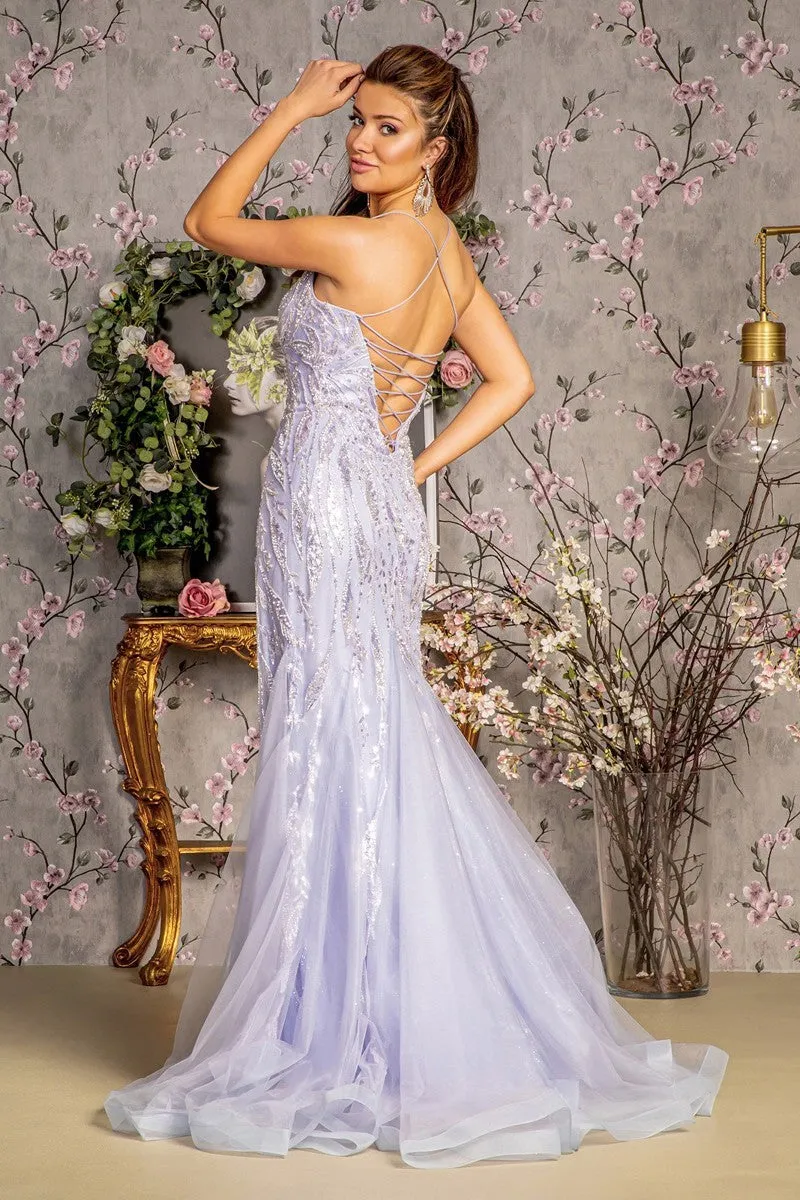 GL 3382 - Bead Embellished Fit & Flare Prom Gown with Scoop Neck Open Lace Up Corset Back & Leg Slit