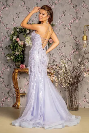 GL 3382 - Bead Embellished Fit & Flare Prom Gown with Scoop Neck Open Lace Up Corset Back & Leg Slit