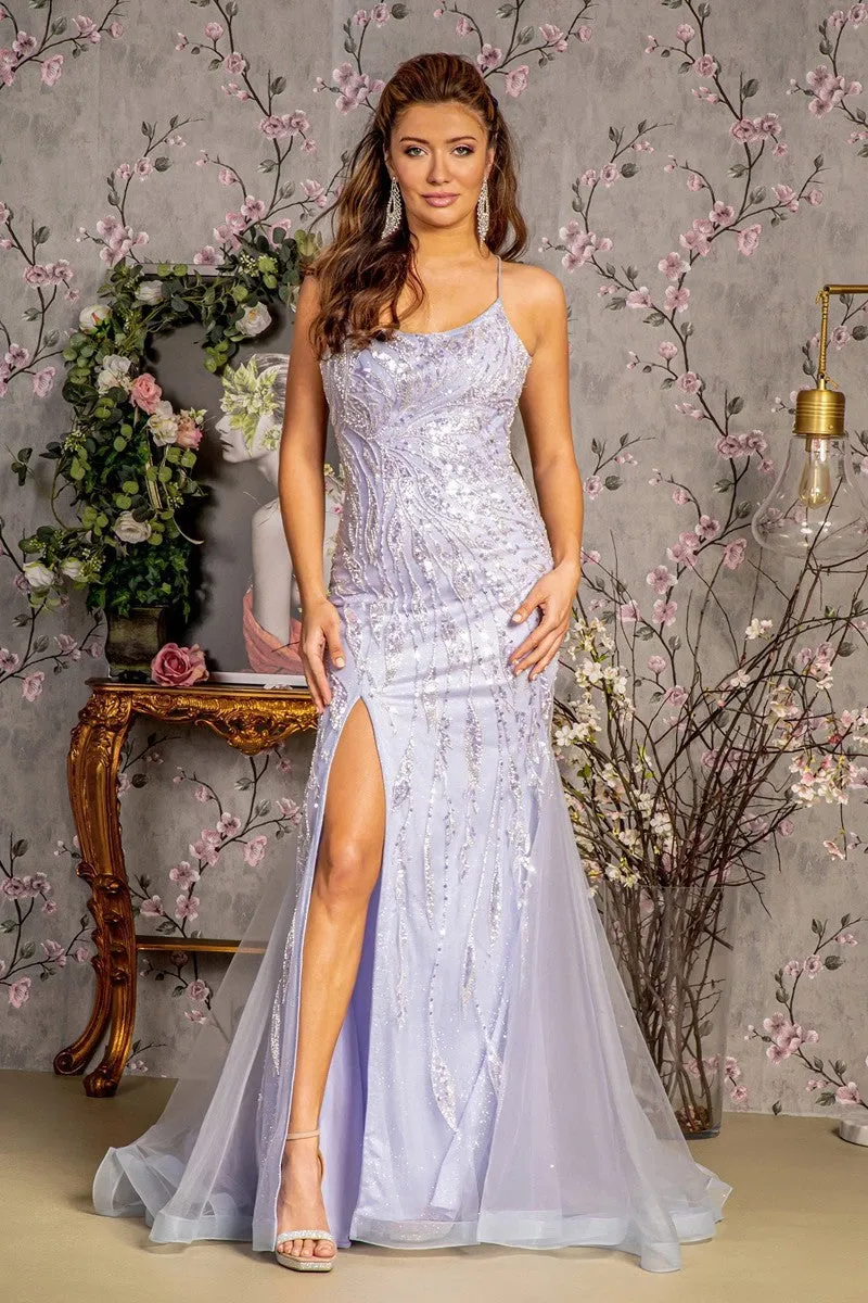 GL 3382 - Bead Embellished Fit & Flare Prom Gown with Scoop Neck Open Lace Up Corset Back & Leg Slit