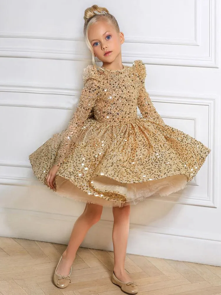 Gold Long Sleeve Mini Special Occasion Dress