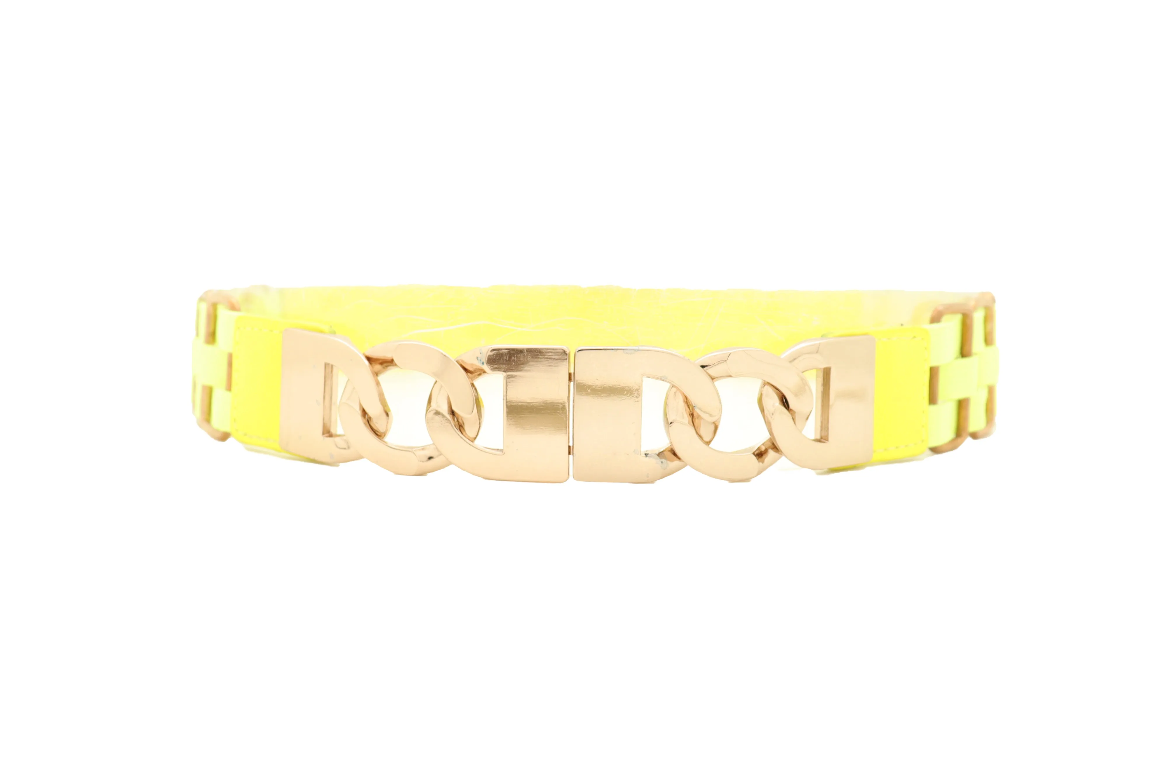 Gold Metal Chain Charm Buckle Neon Yellow Elastic Waistband Belt Size S M