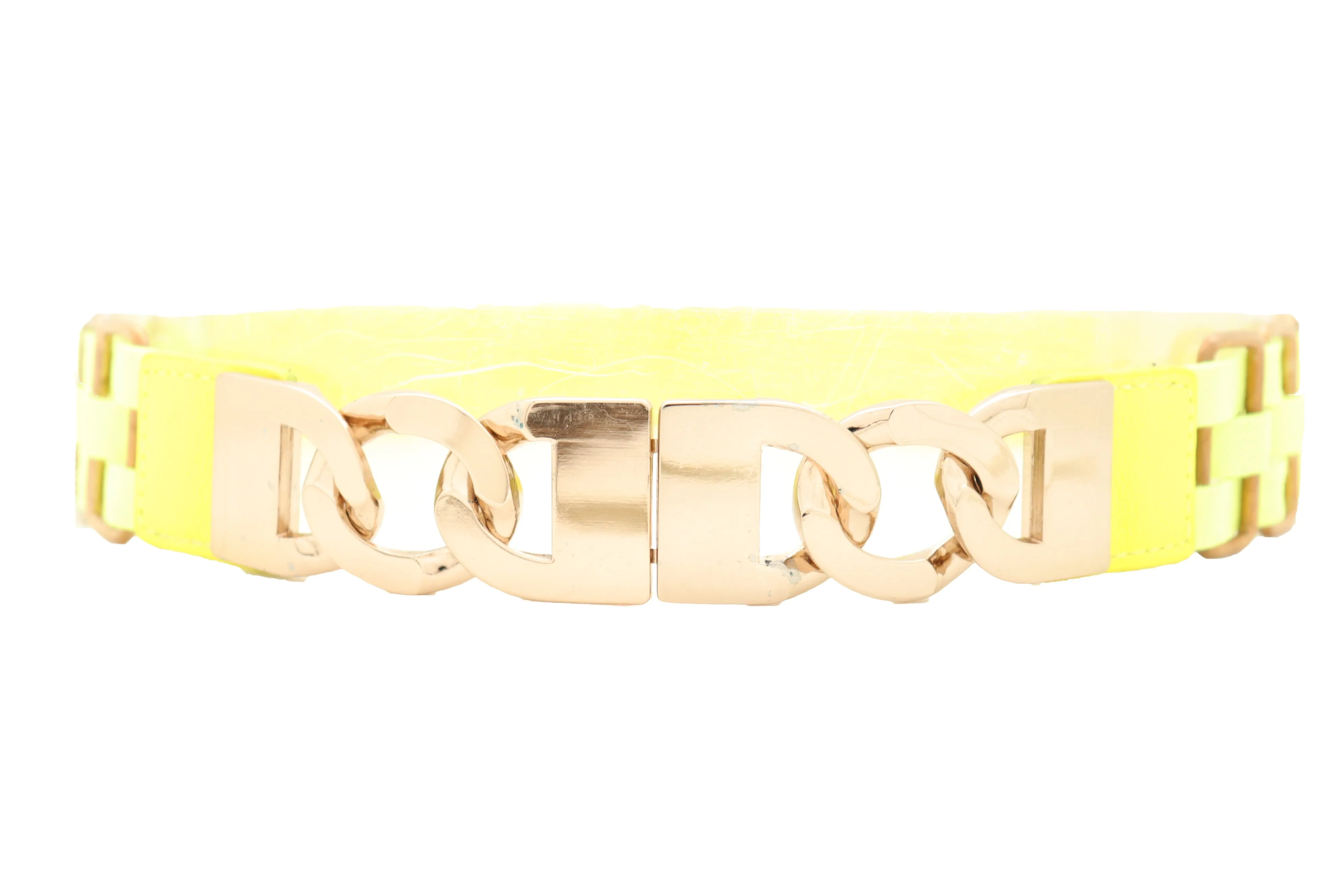 Gold Metal Chain Charm Buckle Neon Yellow Elastic Waistband Belt Size S M
