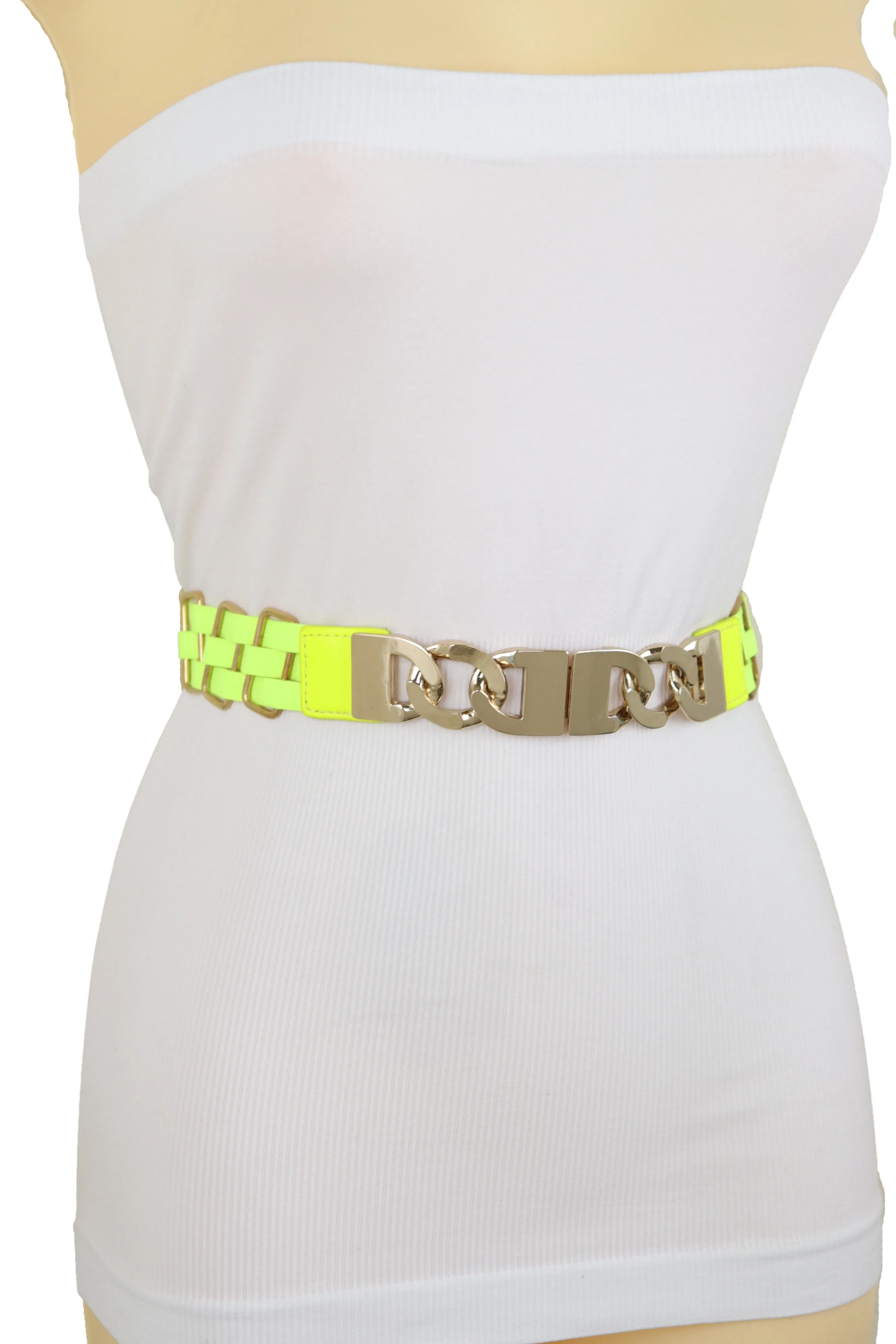Gold Metal Chain Charm Buckle Neon Yellow Elastic Waistband Belt Size S M