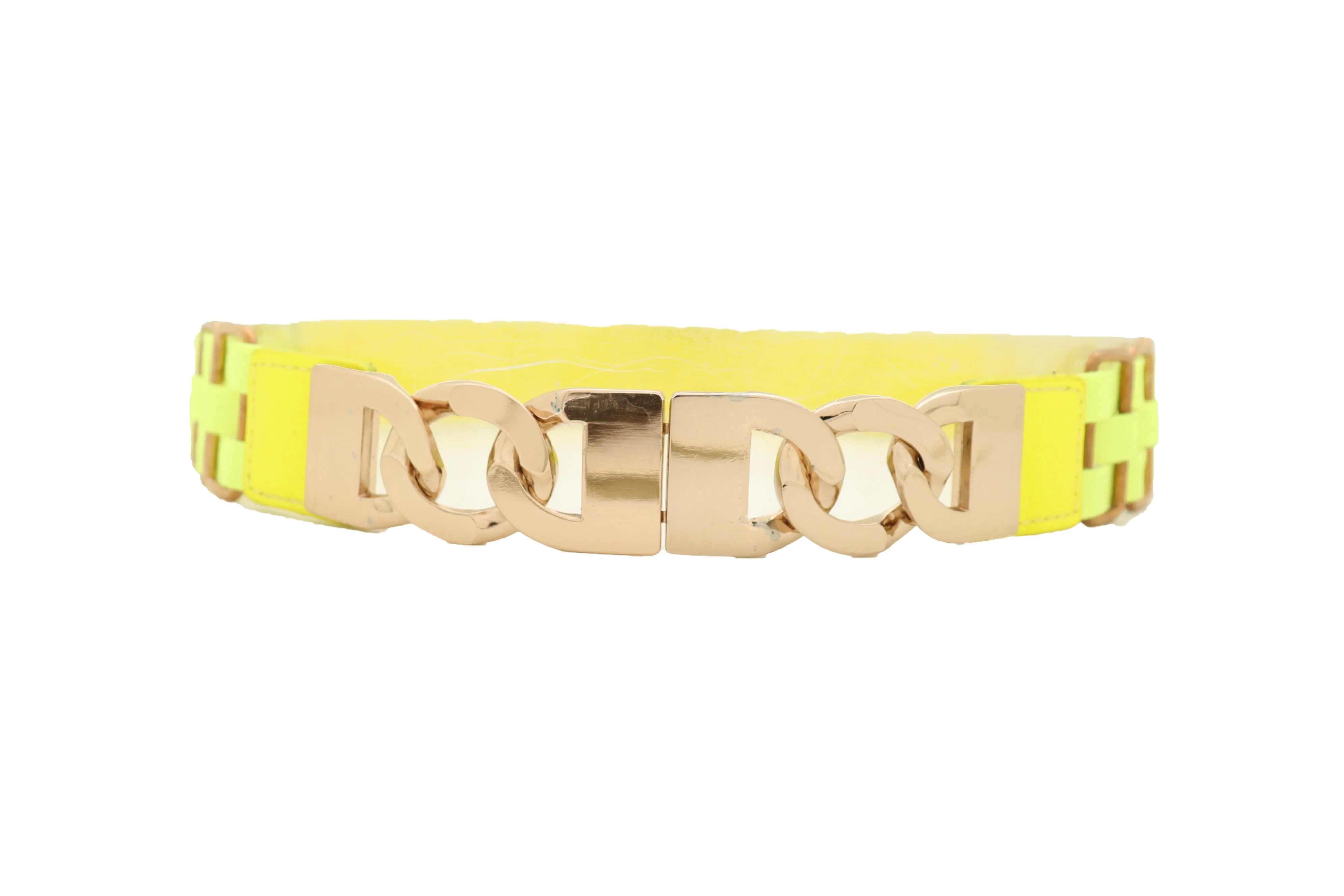 Gold Metal Chain Charm Buckle Neon Yellow Elastic Waistband Belt Size S M