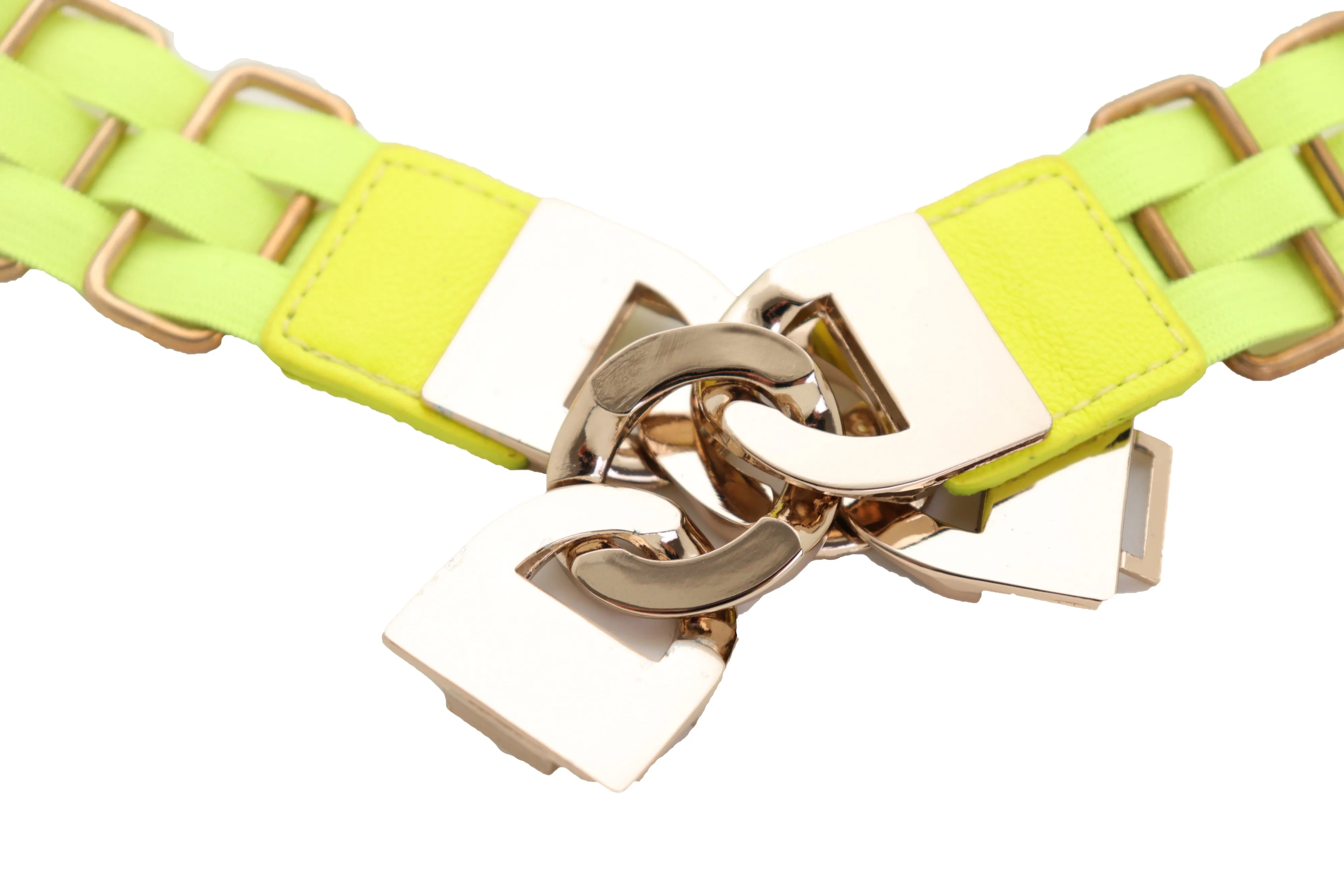 Gold Metal Chain Charm Buckle Neon Yellow Elastic Waistband Belt Size S M