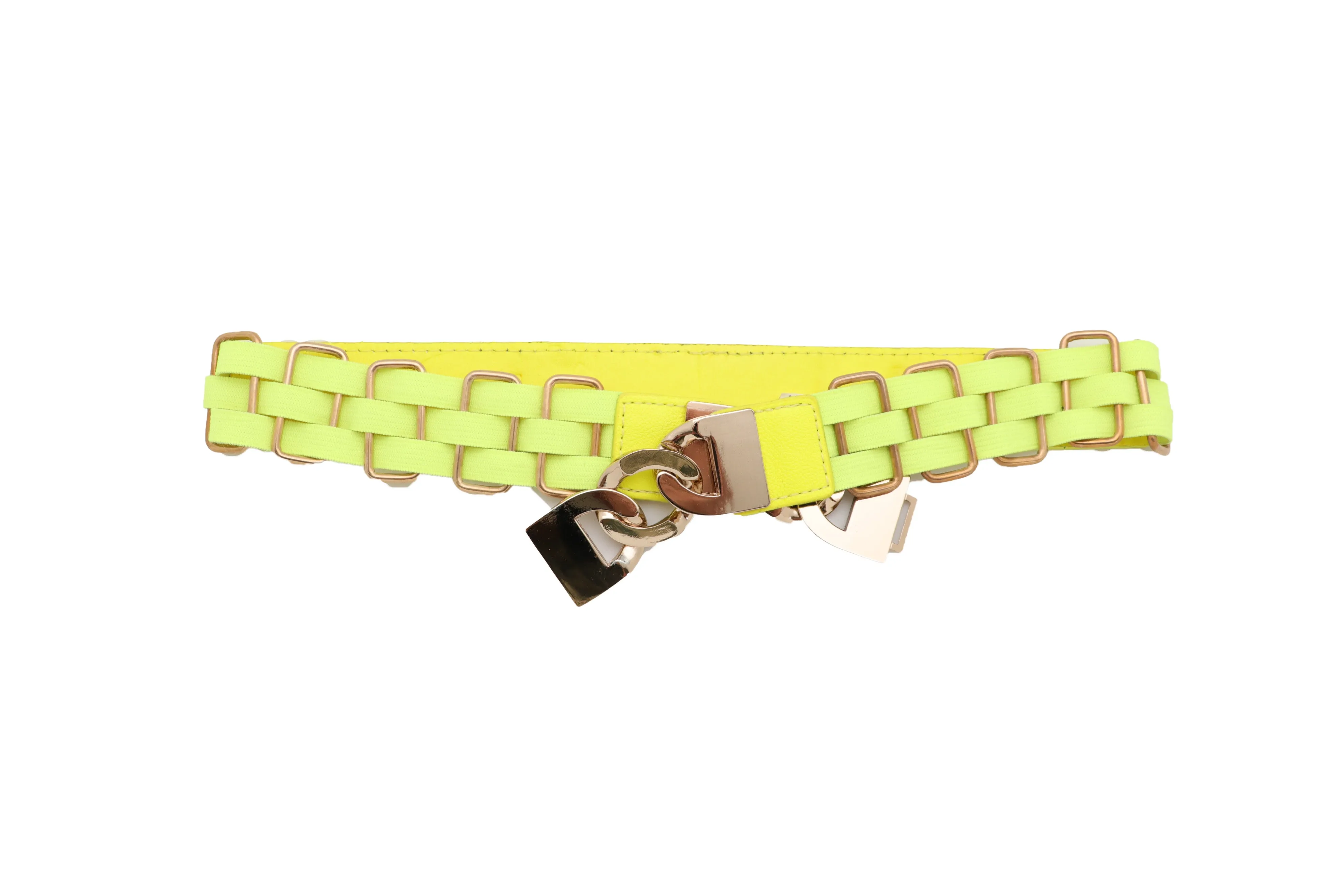 Gold Metal Chain Charm Buckle Neon Yellow Elastic Waistband Belt Size S M