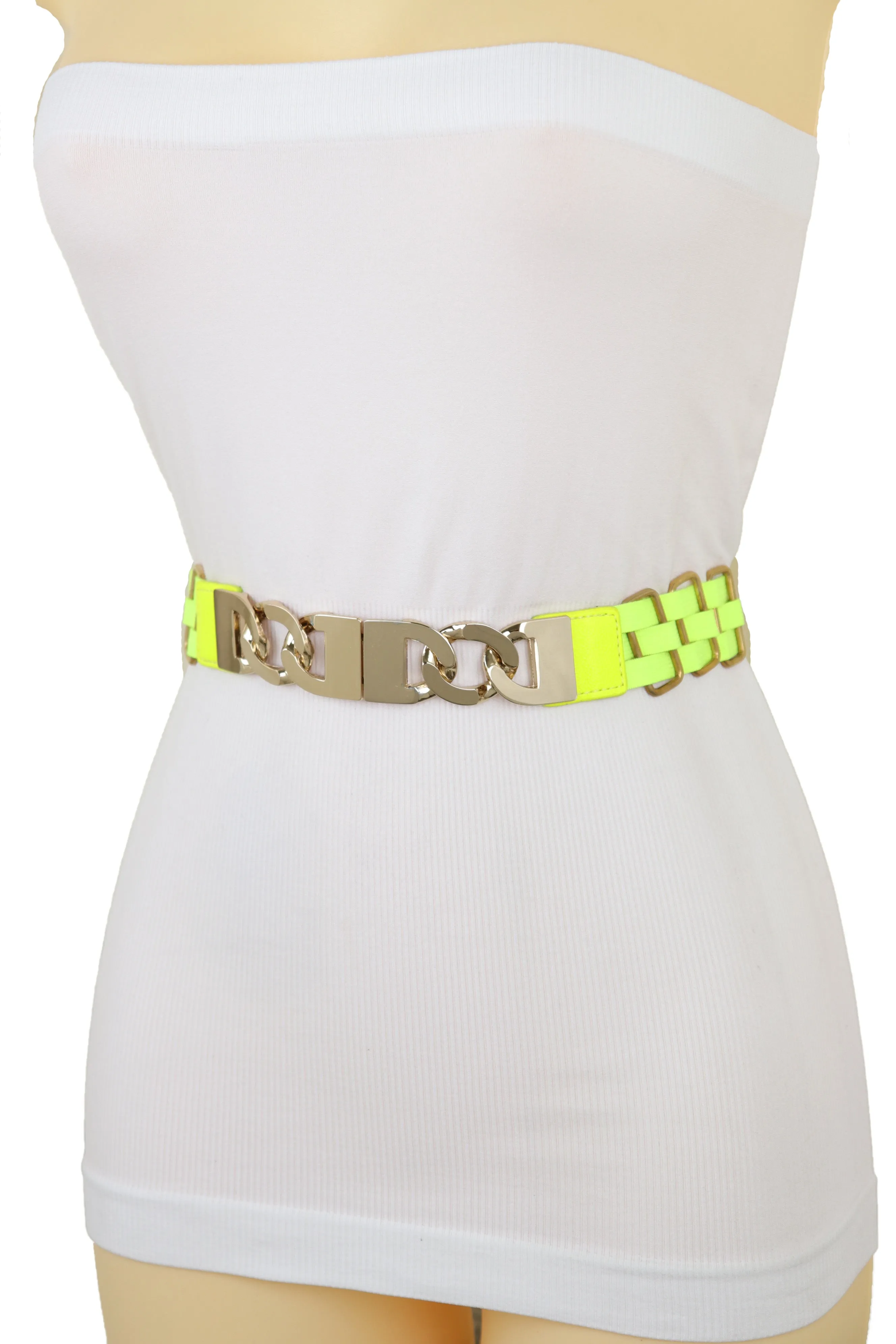 Gold Metal Chain Charm Buckle Neon Yellow Elastic Waistband Belt Size S M