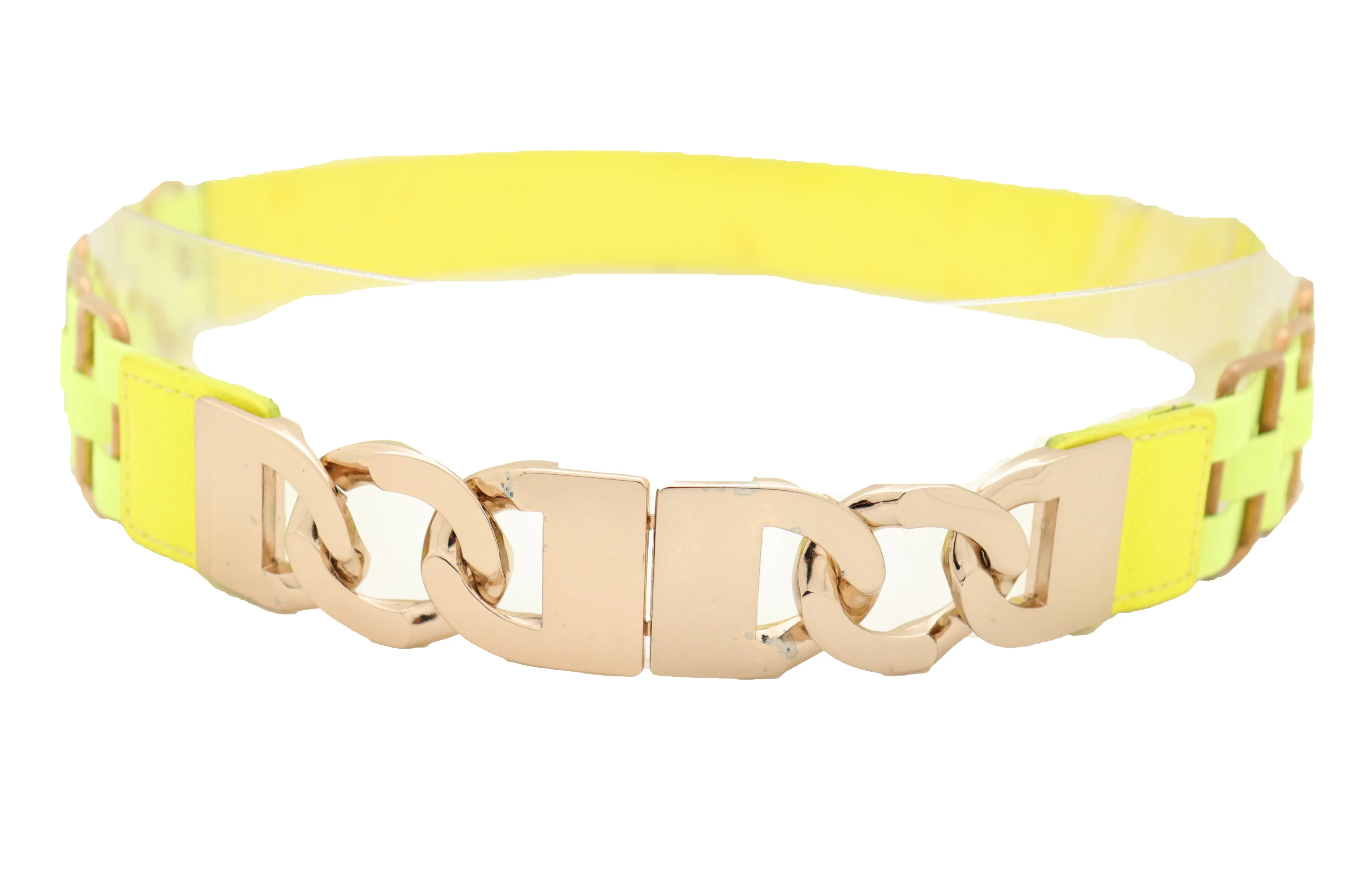 Gold Metal Chain Charm Buckle Neon Yellow Elastic Waistband Belt Size S M