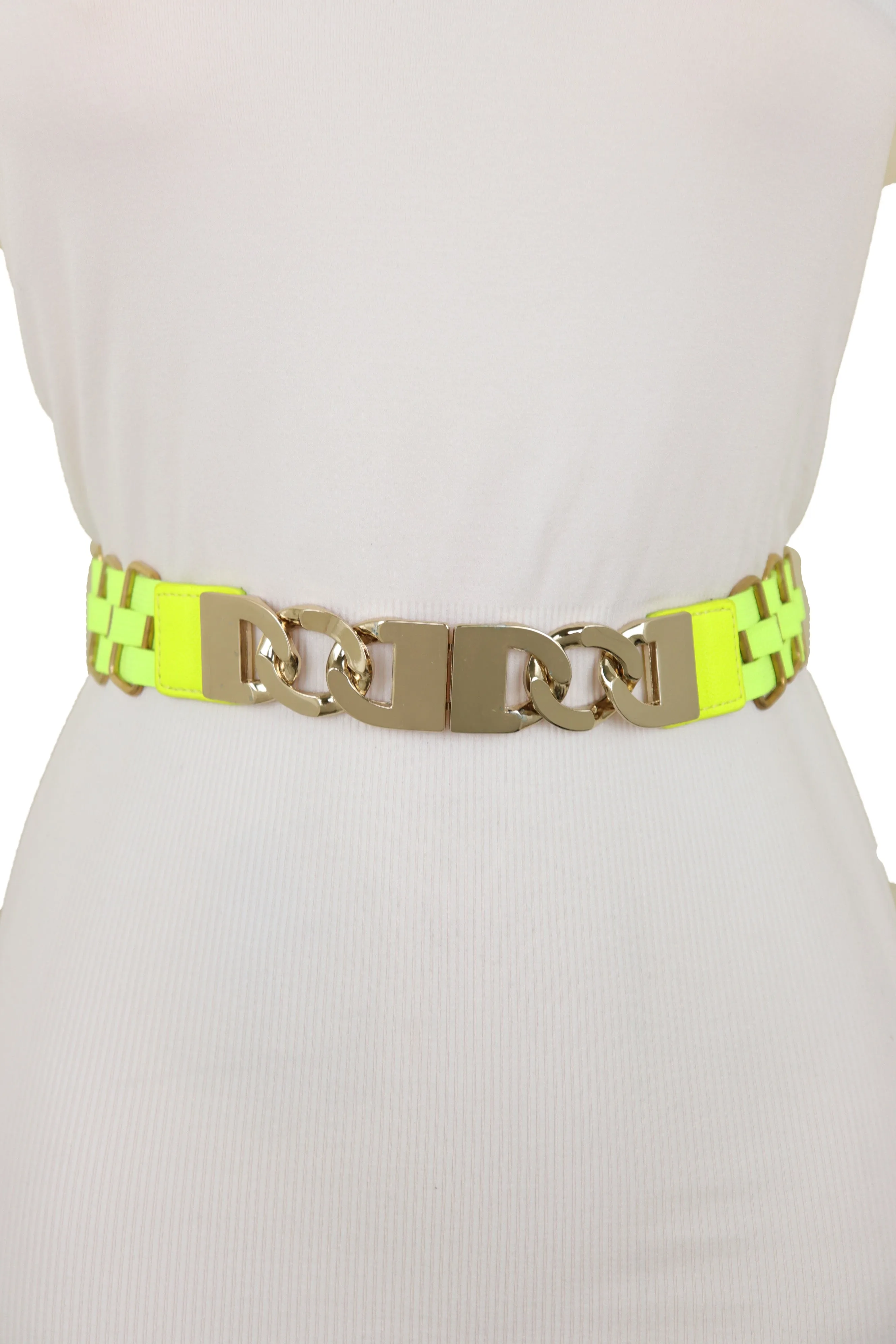 Gold Metal Chain Charm Buckle Neon Yellow Elastic Waistband Belt Size S M