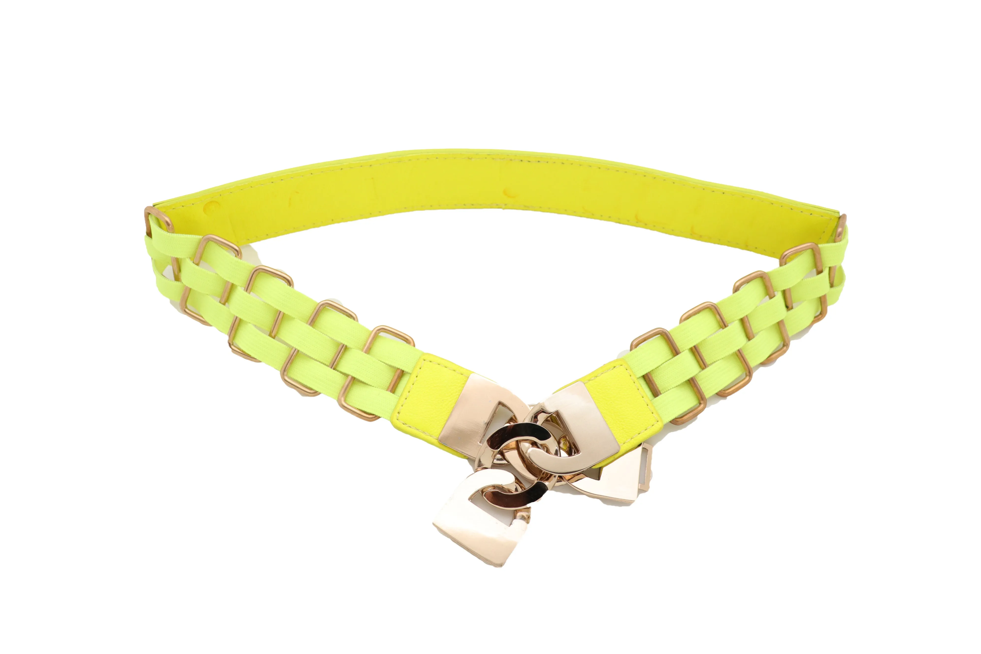 Gold Metal Chain Charm Buckle Neon Yellow Elastic Waistband Belt Size S M