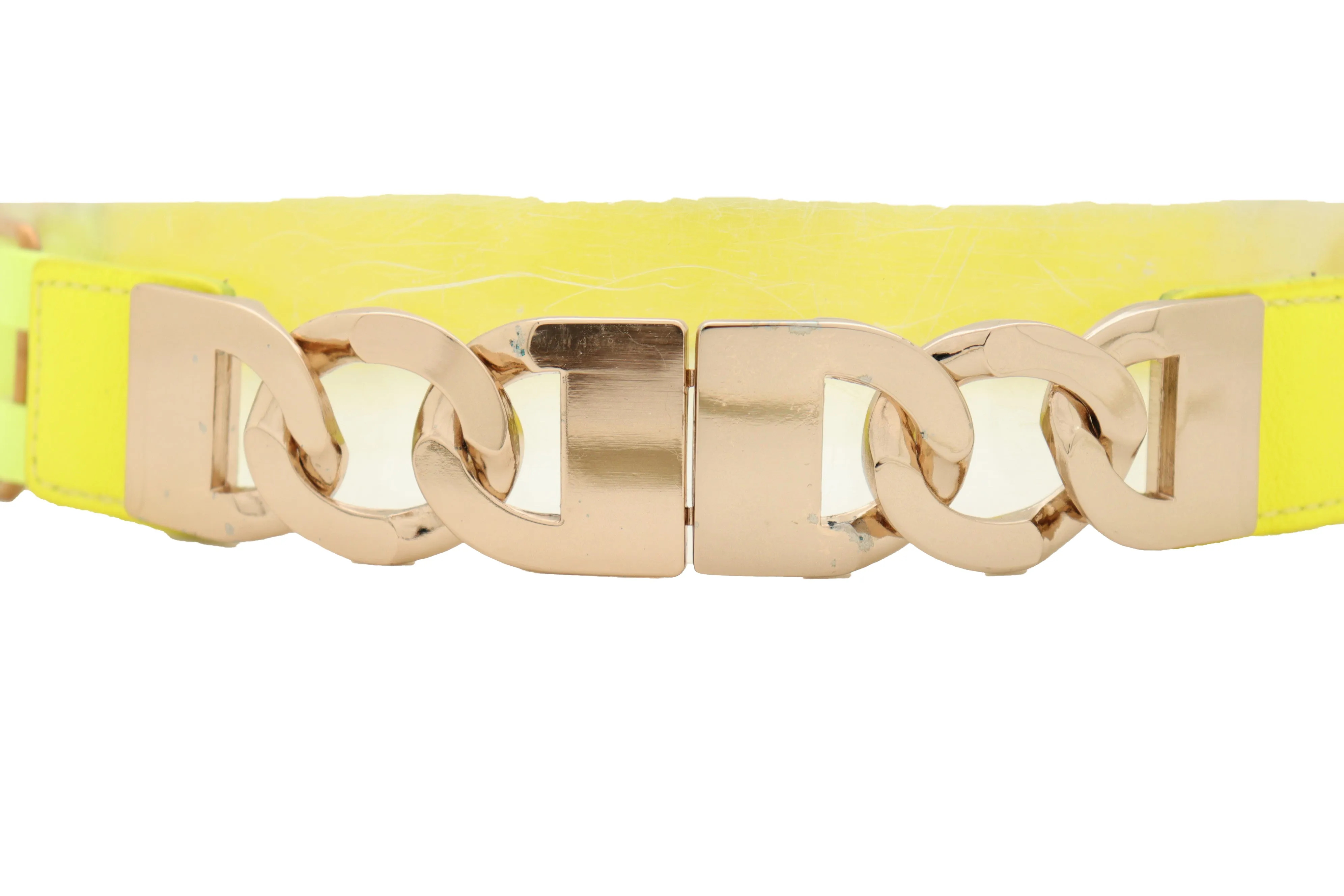 Gold Metal Chain Charm Buckle Neon Yellow Elastic Waistband Belt Size S M