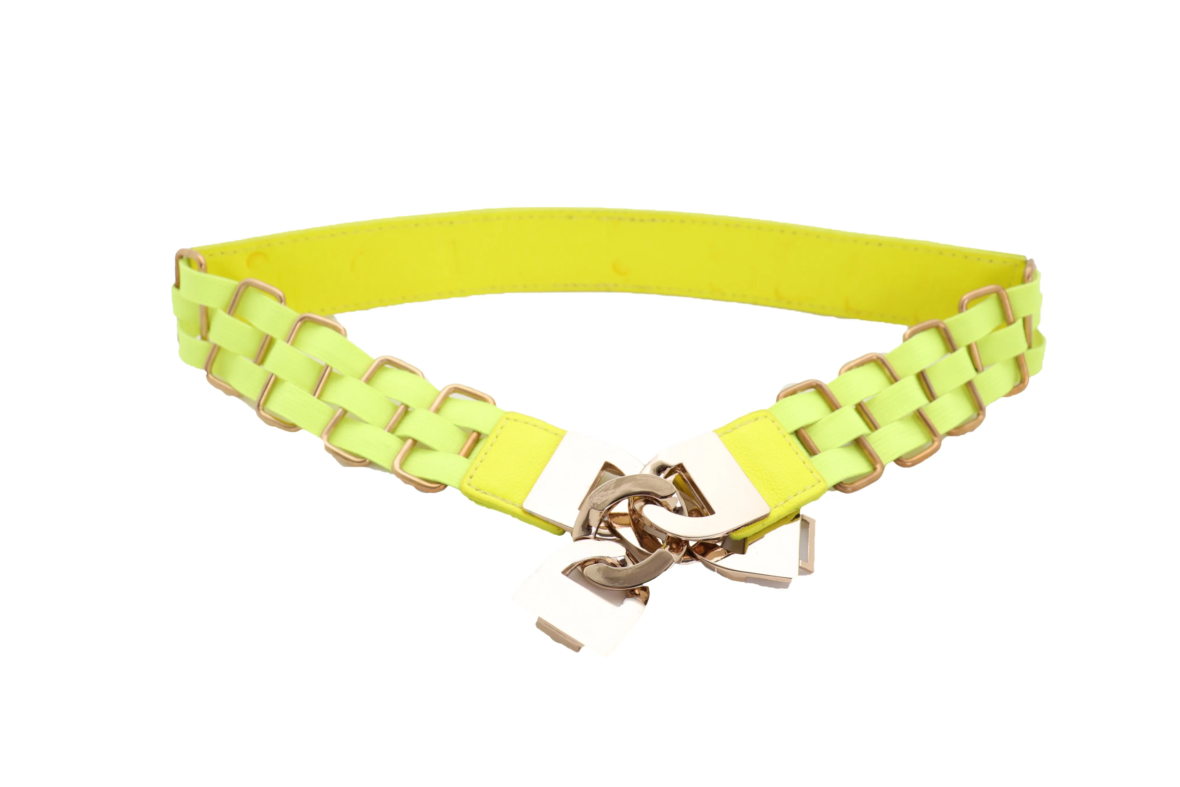 Gold Metal Chain Charm Buckle Neon Yellow Elastic Waistband Belt Size S M