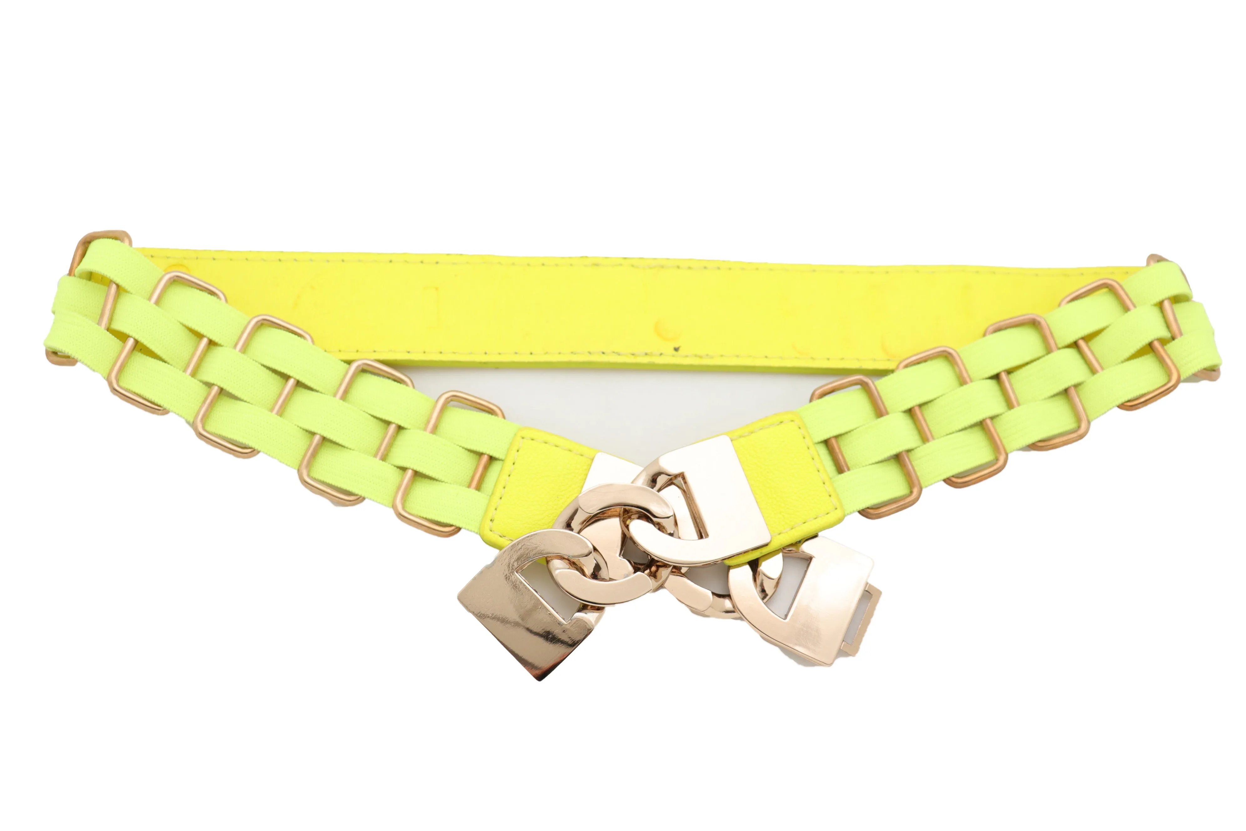Gold Metal Chain Charm Buckle Neon Yellow Elastic Waistband Belt Size S M