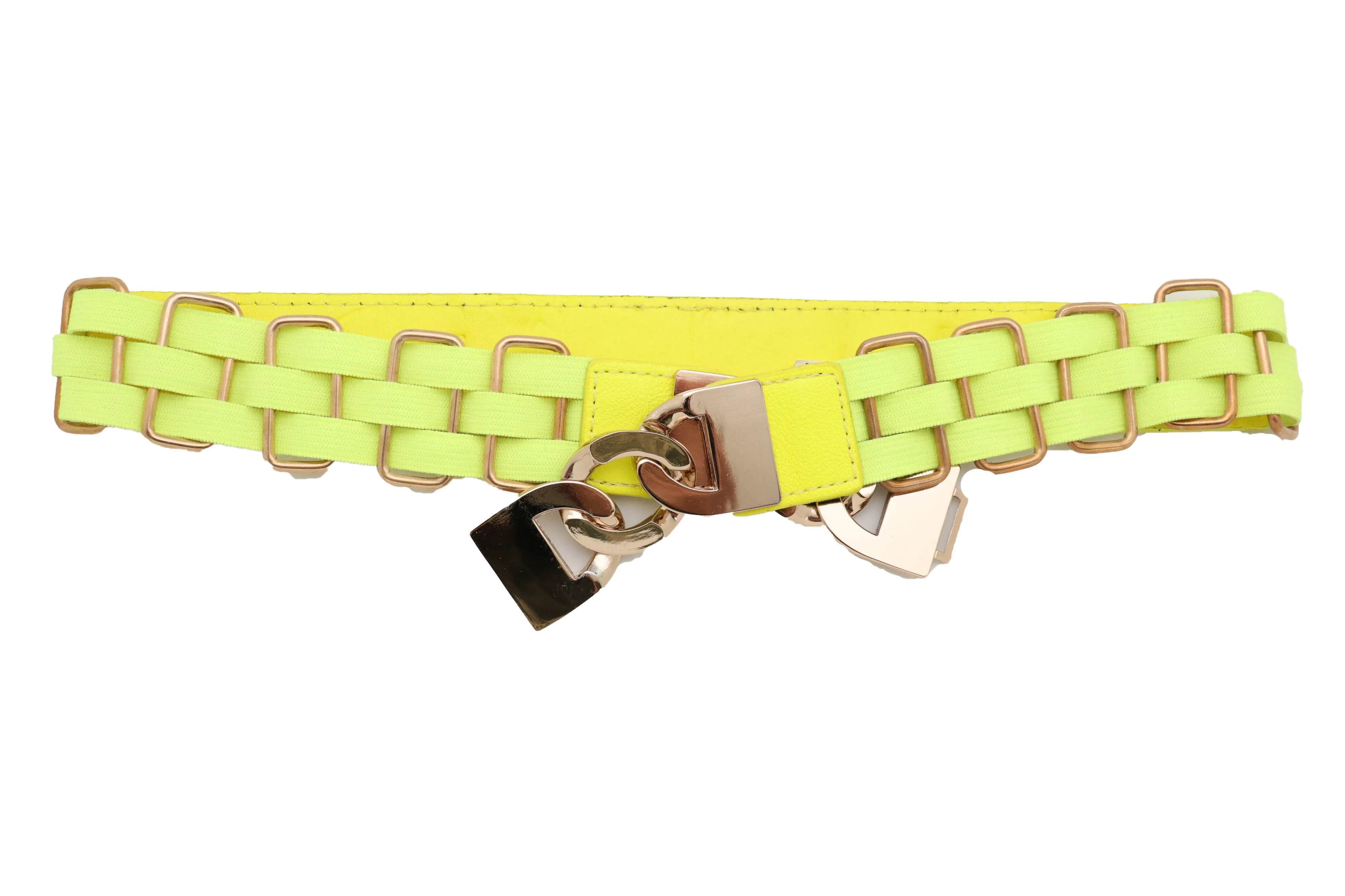 Gold Metal Chain Charm Buckle Neon Yellow Elastic Waistband Belt Size S M