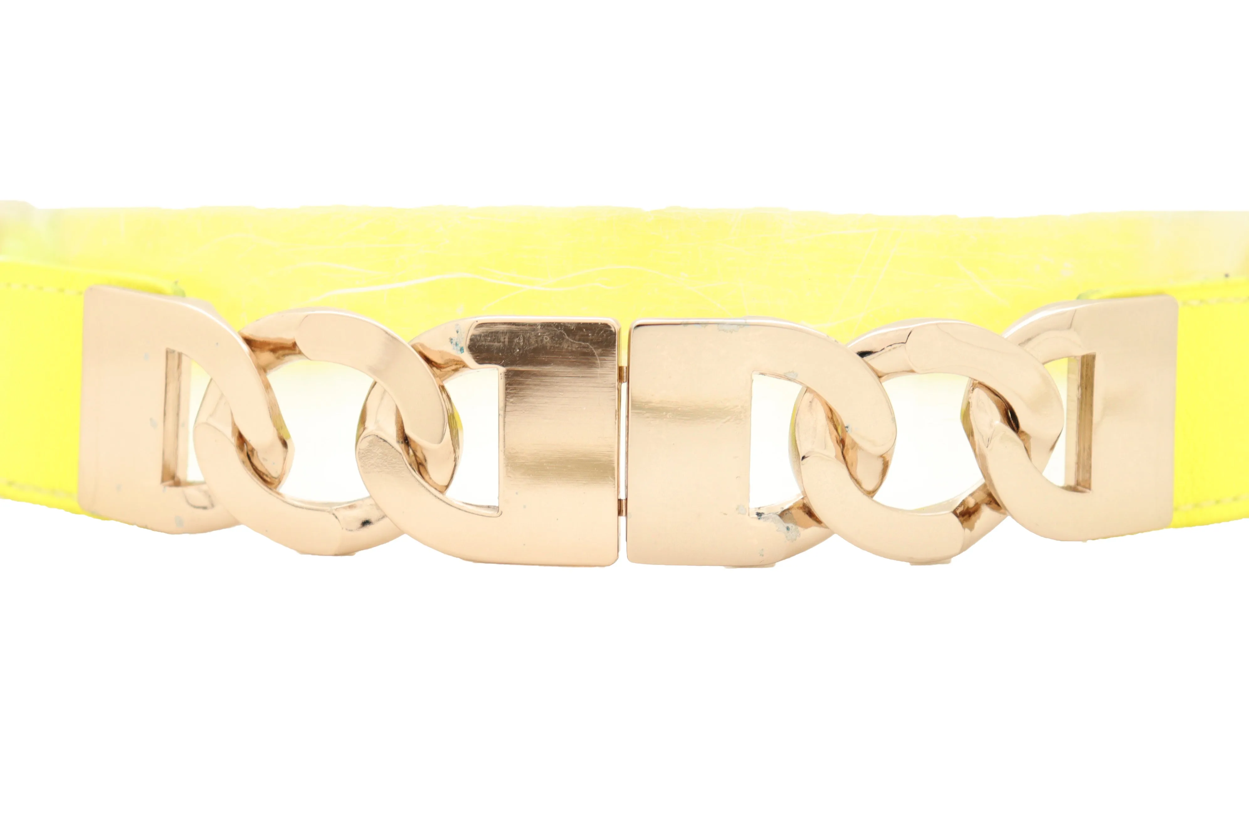 Gold Metal Chain Charm Buckle Neon Yellow Elastic Waistband Belt Size S M