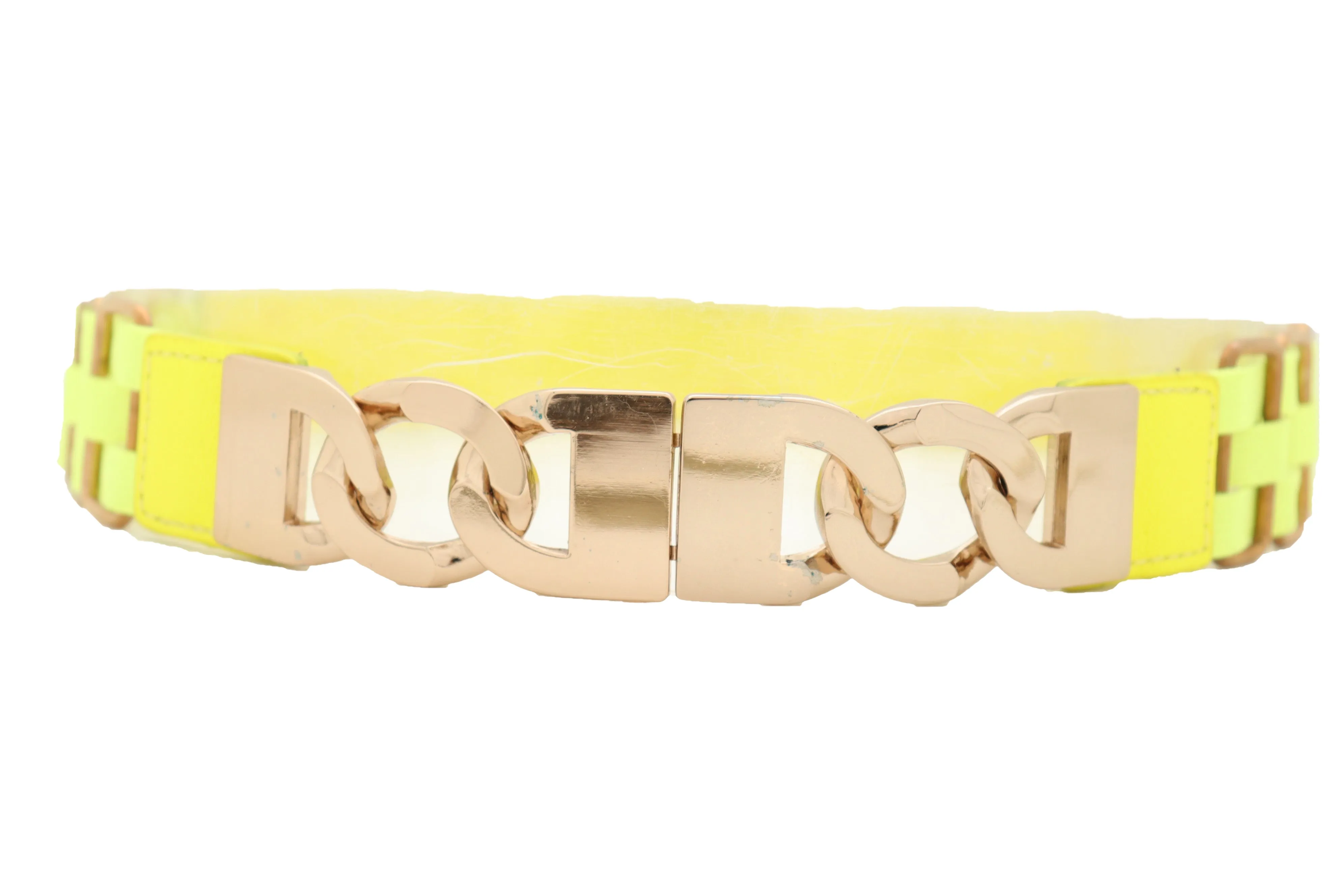 Gold Metal Chain Charm Buckle Neon Yellow Elastic Waistband Belt Size S M