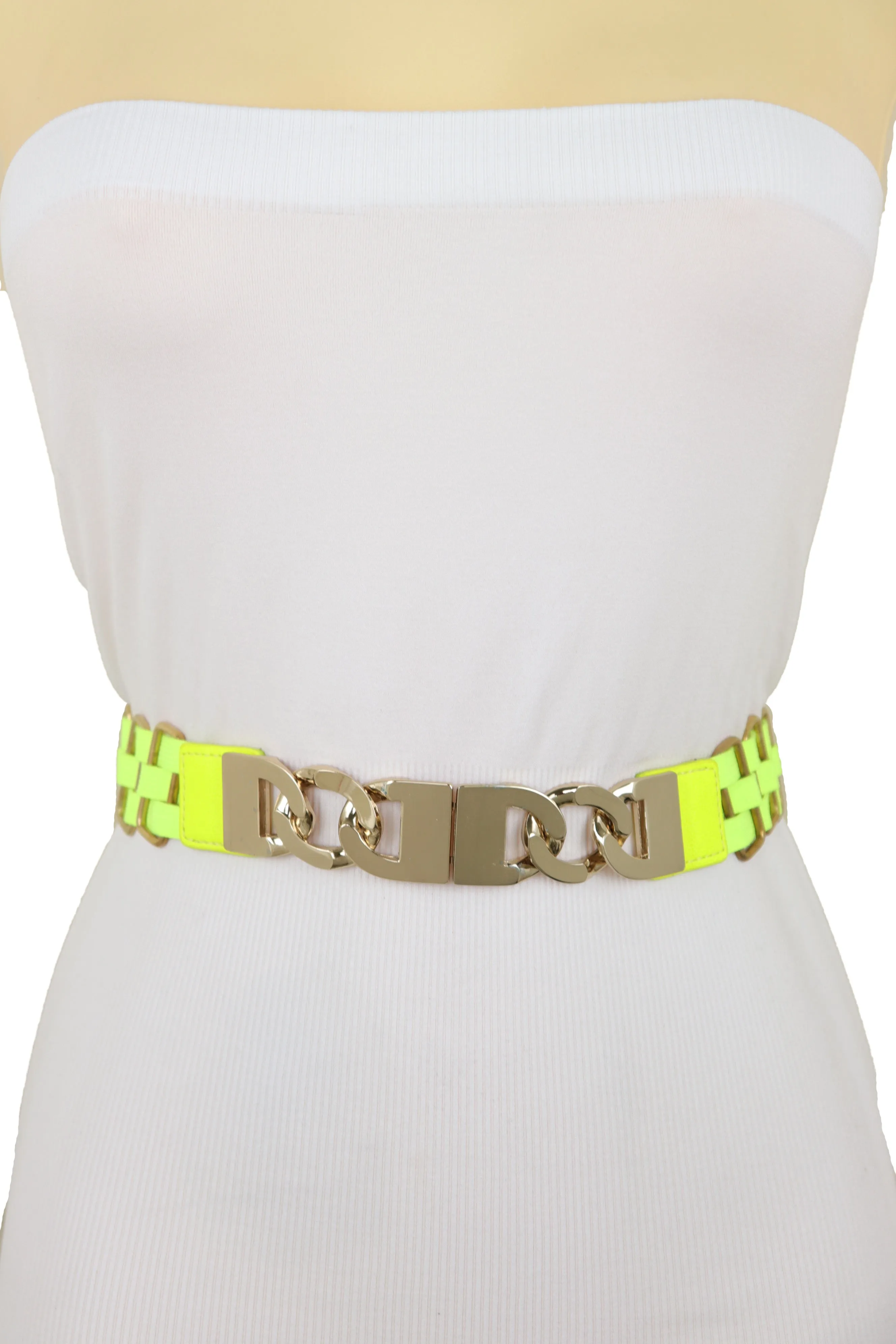 Gold Metal Chain Charm Buckle Neon Yellow Elastic Waistband Belt Size S M