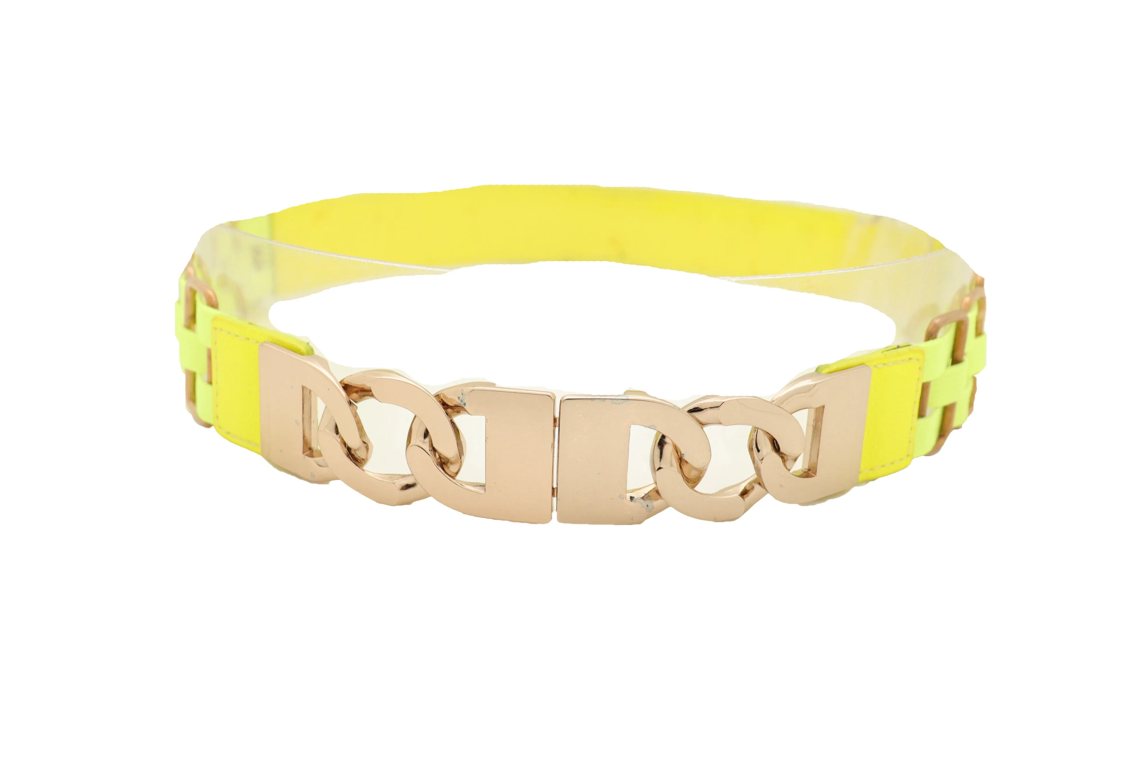 Gold Metal Chain Charm Buckle Neon Yellow Elastic Waistband Belt Size S M