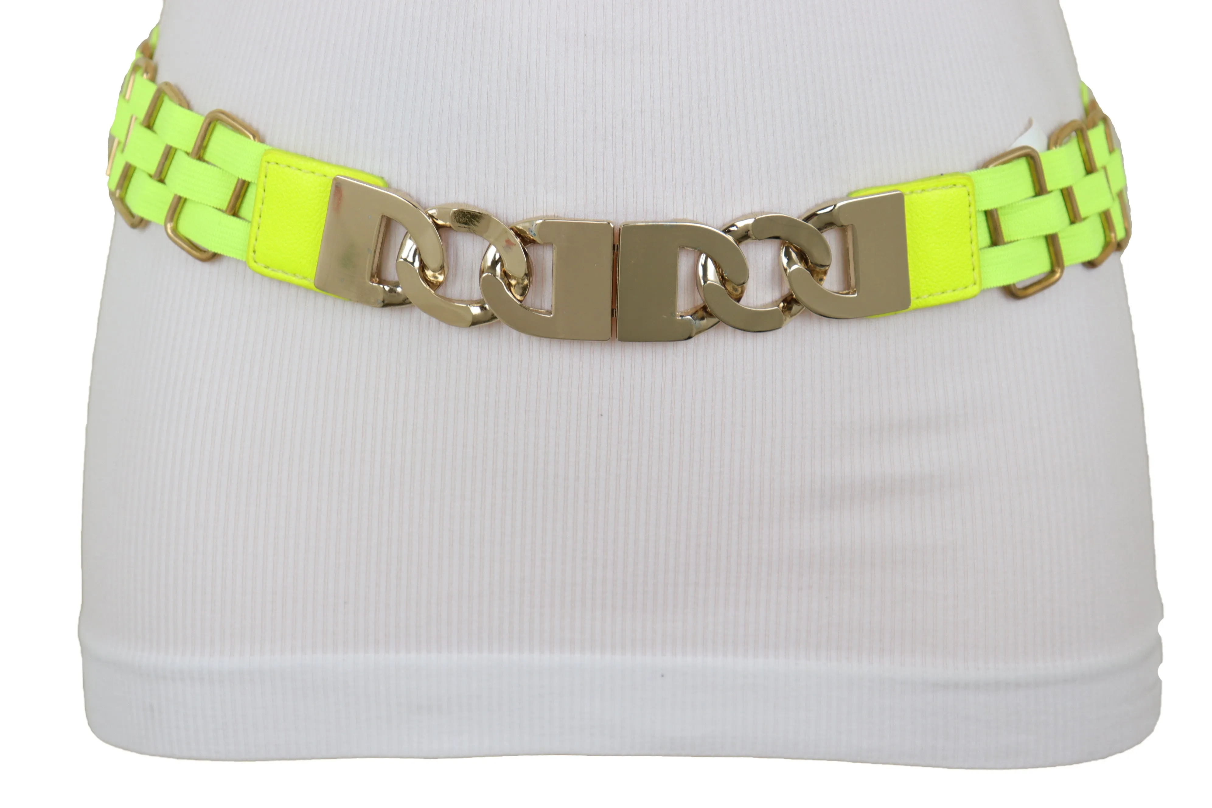 Gold Metal Chain Charm Buckle Neon Yellow Elastic Waistband Belt Size S M