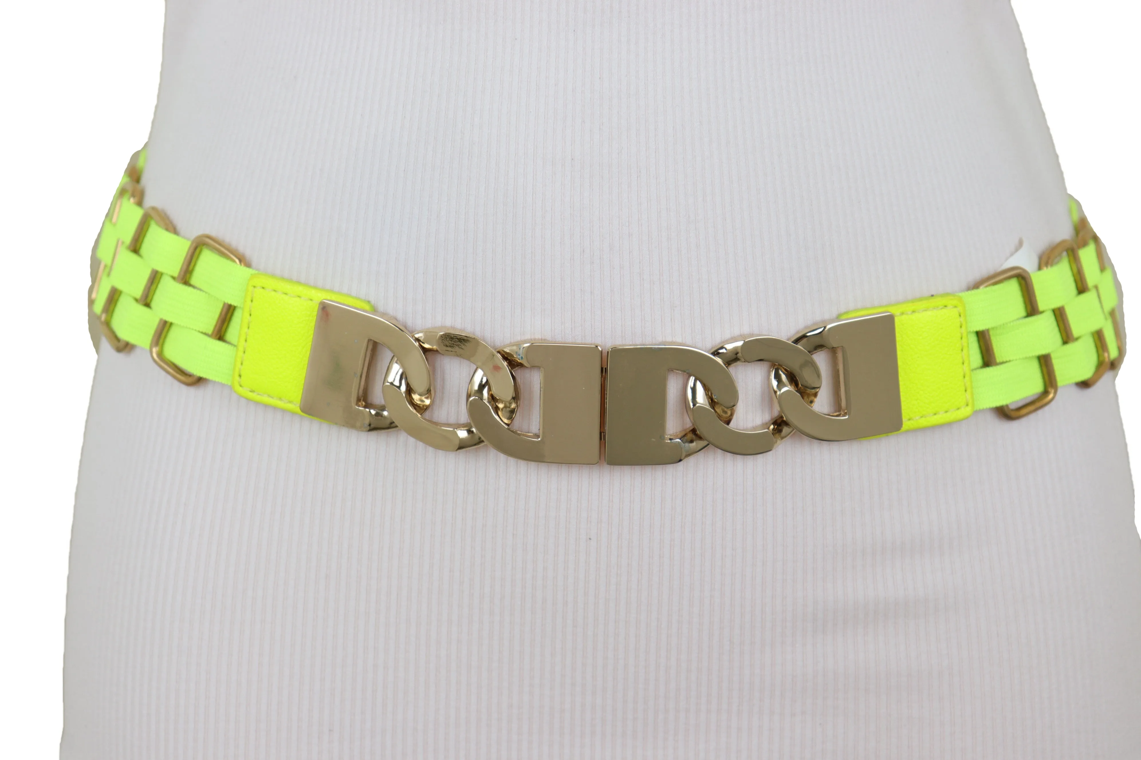 Gold Metal Chain Charm Buckle Neon Yellow Elastic Waistband Belt Size S M