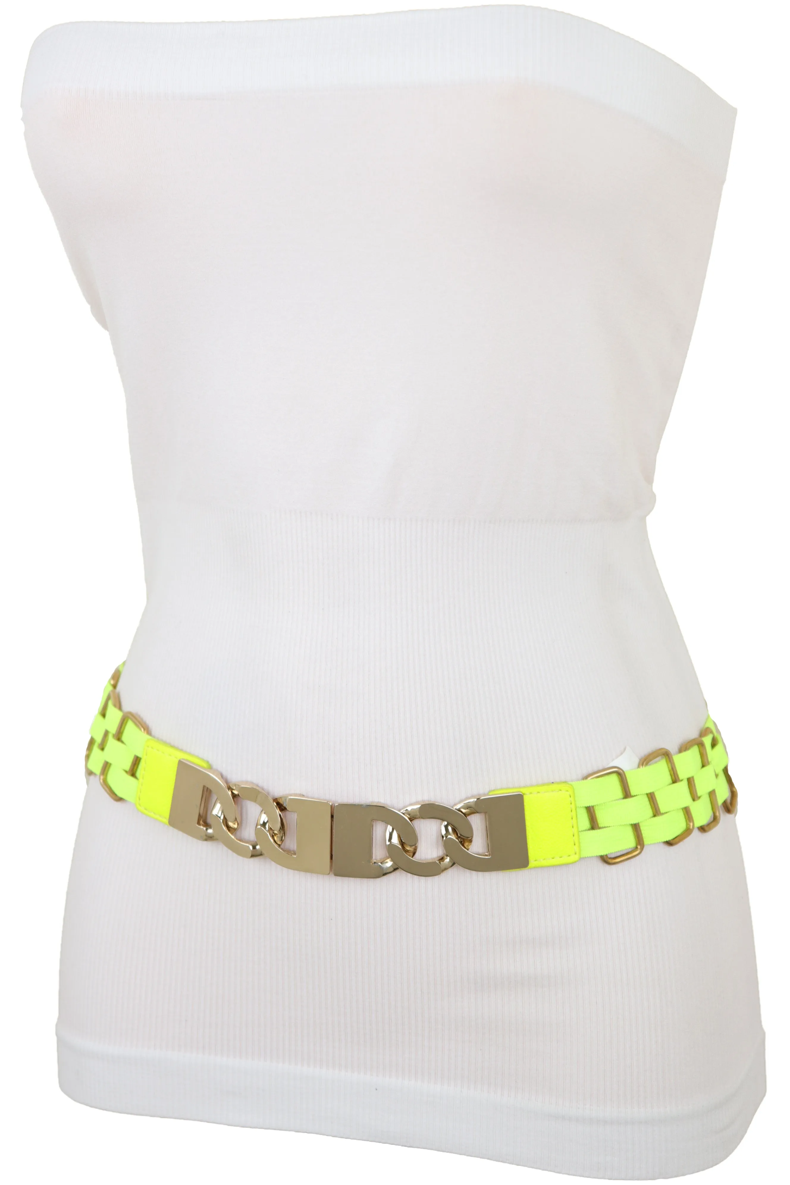 Gold Metal Chain Charm Buckle Neon Yellow Elastic Waistband Belt Size S M