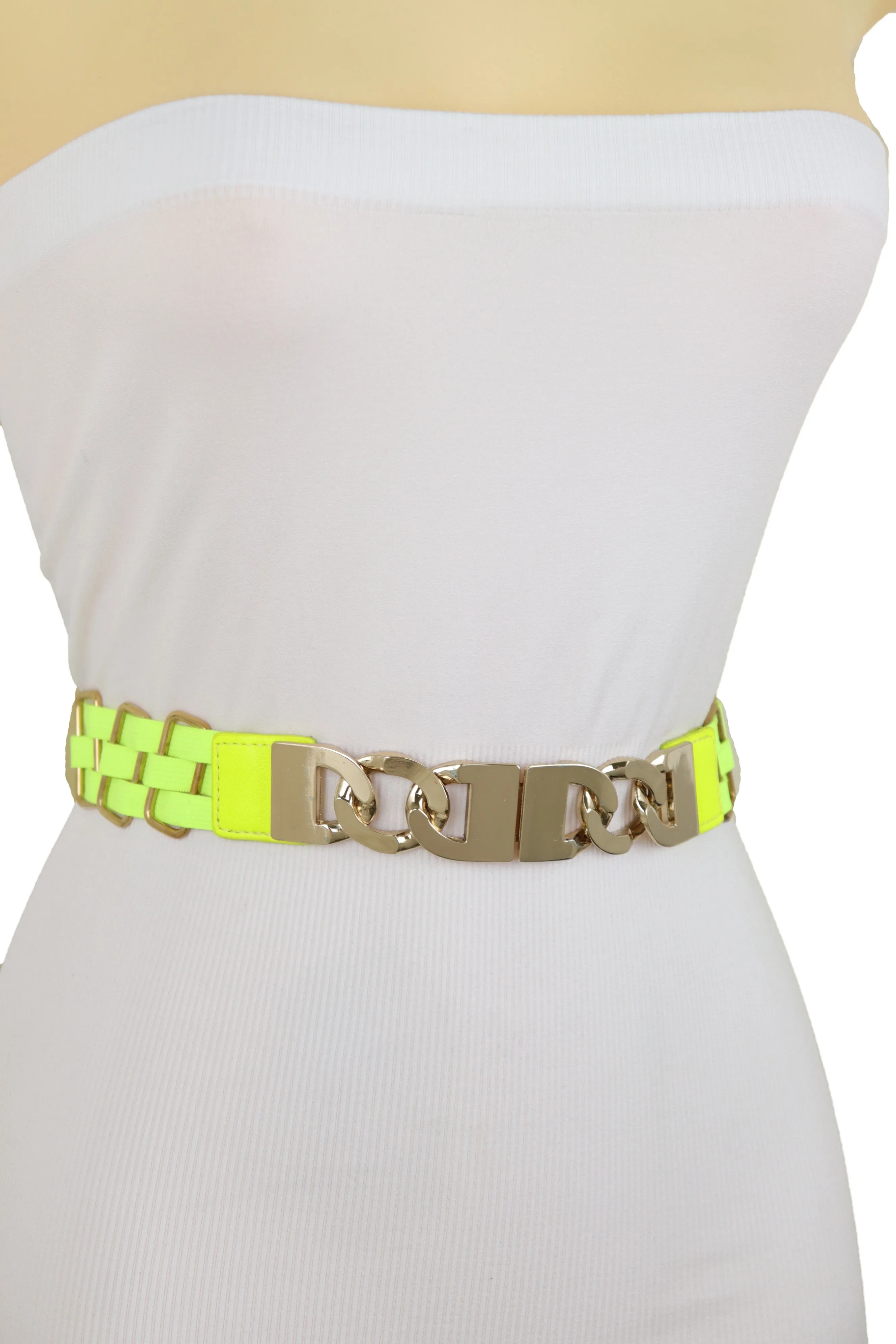 Gold Metal Chain Charm Buckle Neon Yellow Elastic Waistband Belt Size S M
