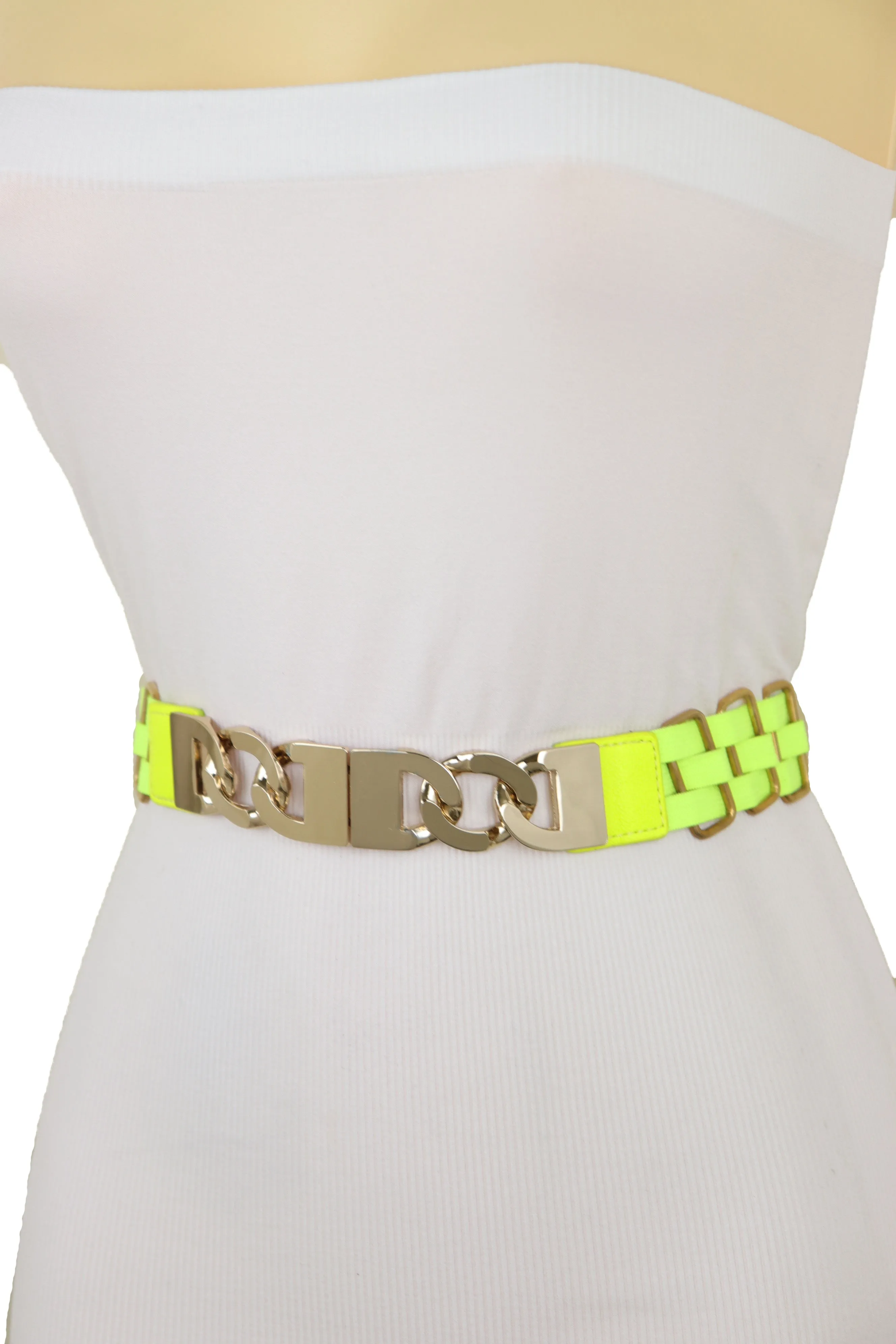 Gold Metal Chain Charm Buckle Neon Yellow Elastic Waistband Belt Size S M