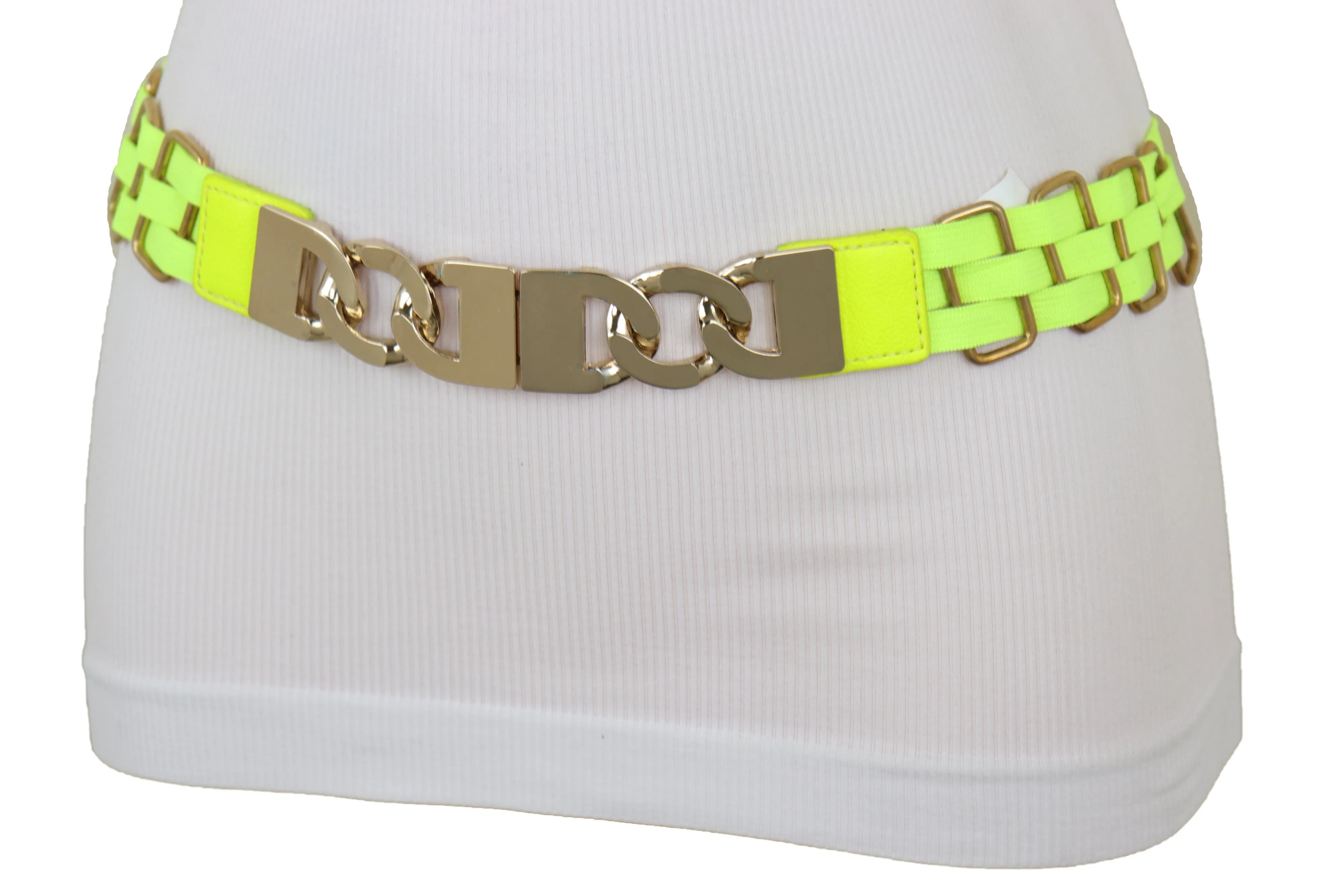 Gold Metal Chain Charm Buckle Neon Yellow Elastic Waistband Belt Size S M