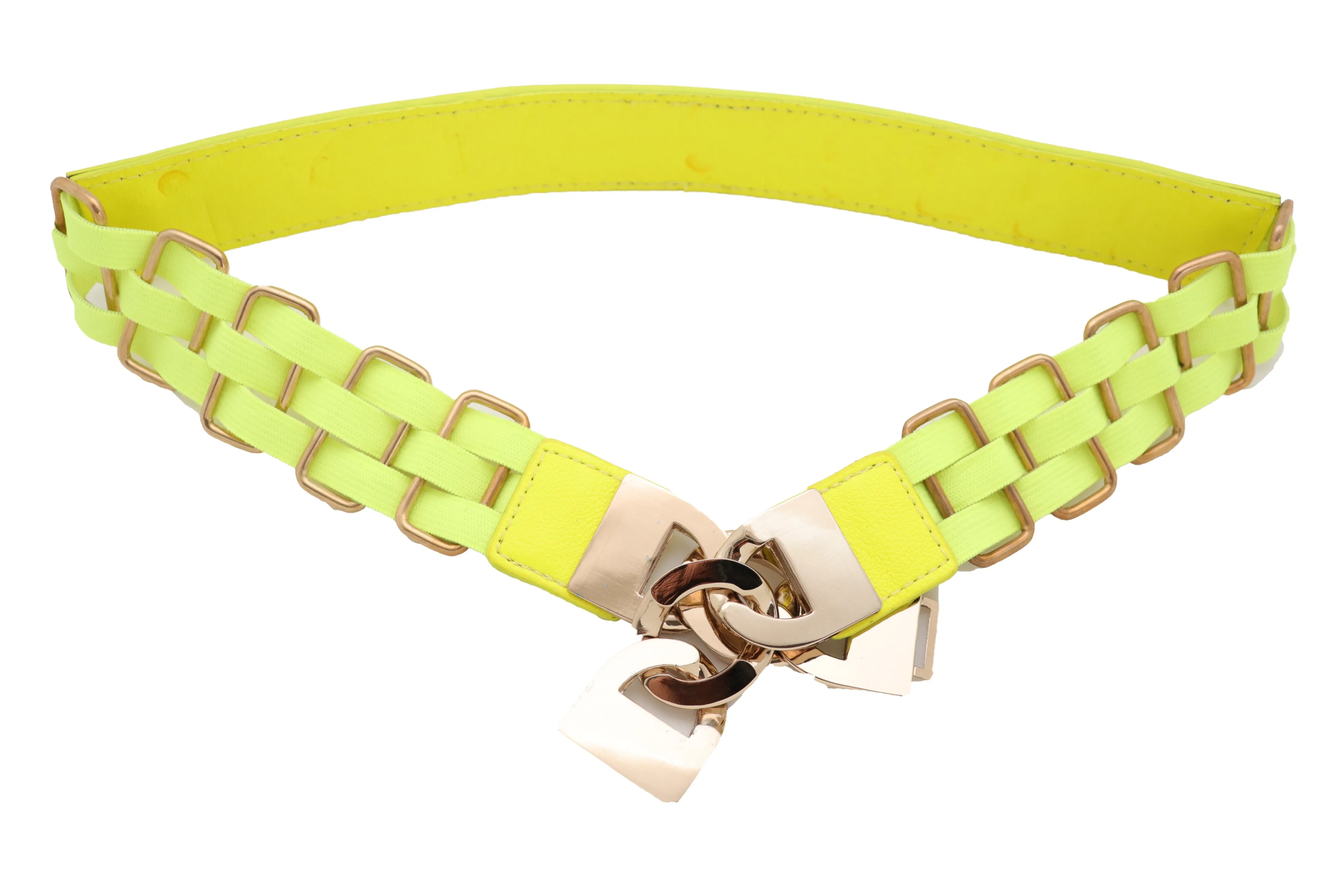 Gold Metal Chain Charm Buckle Neon Yellow Elastic Waistband Belt Size S M