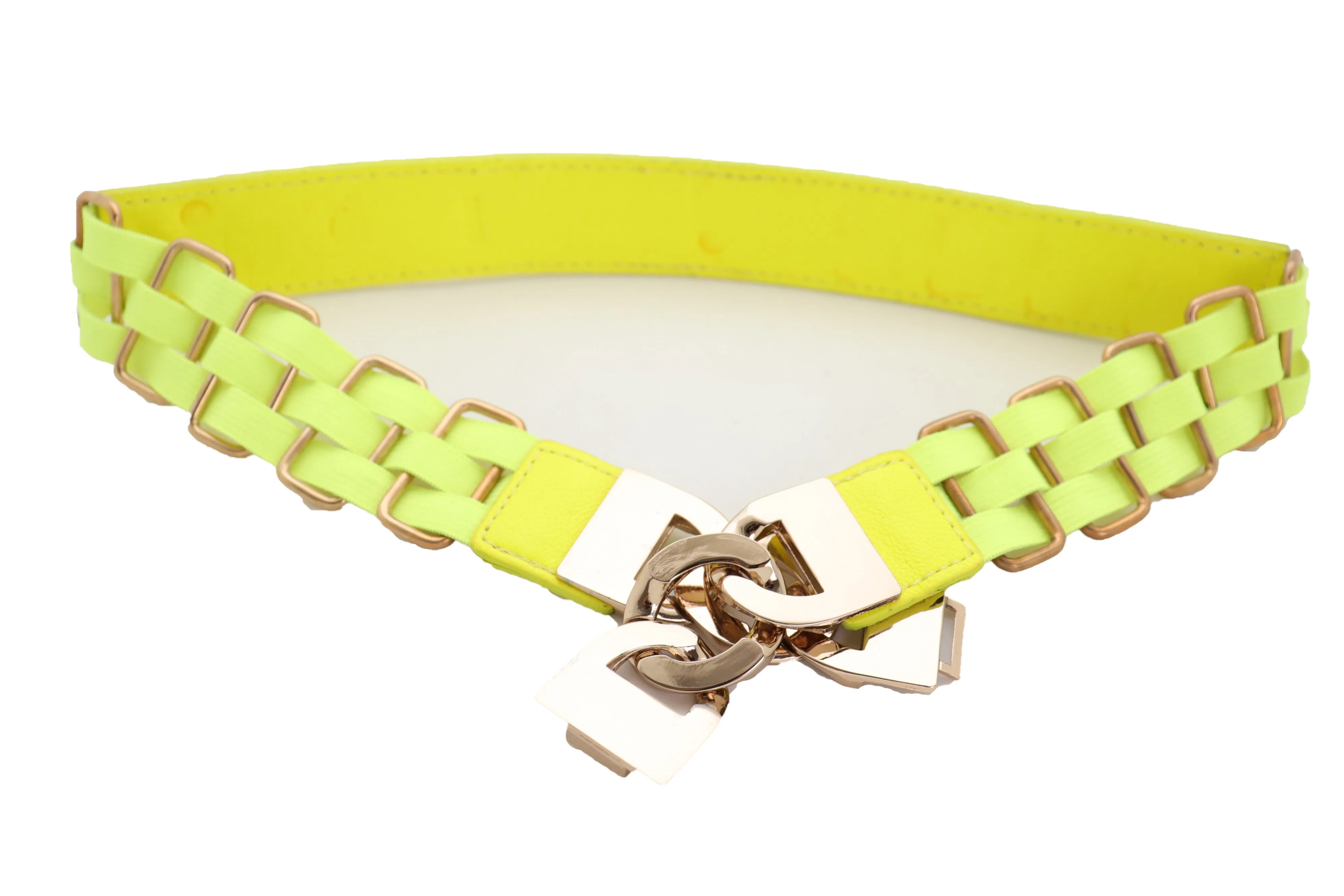Gold Metal Chain Charm Buckle Neon Yellow Elastic Waistband Belt Size S M