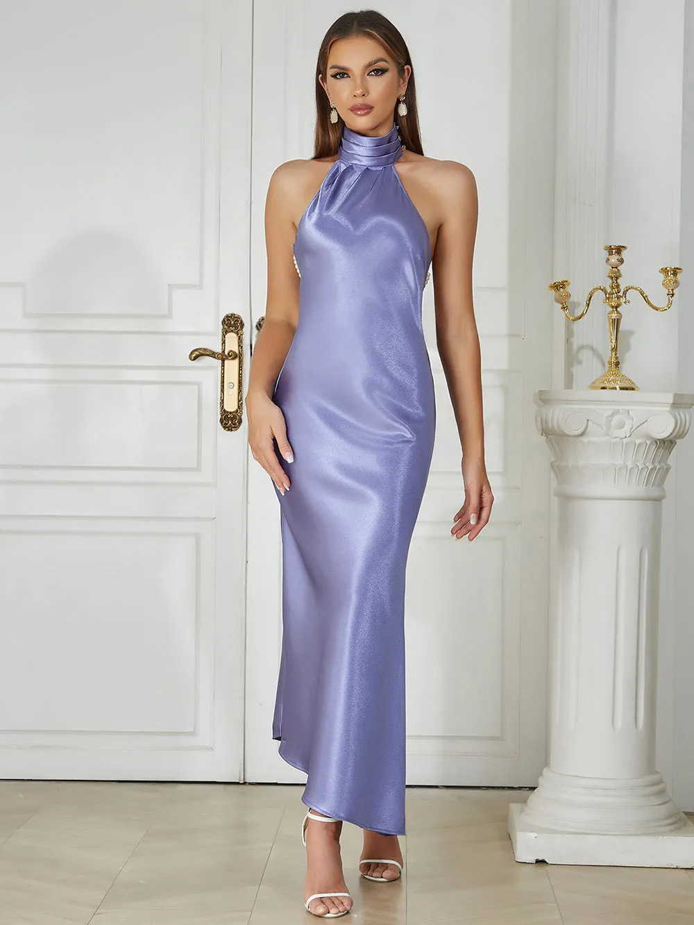 Halter Sleeveless Pearl Chain Maxi Bodycon Dress HB03080