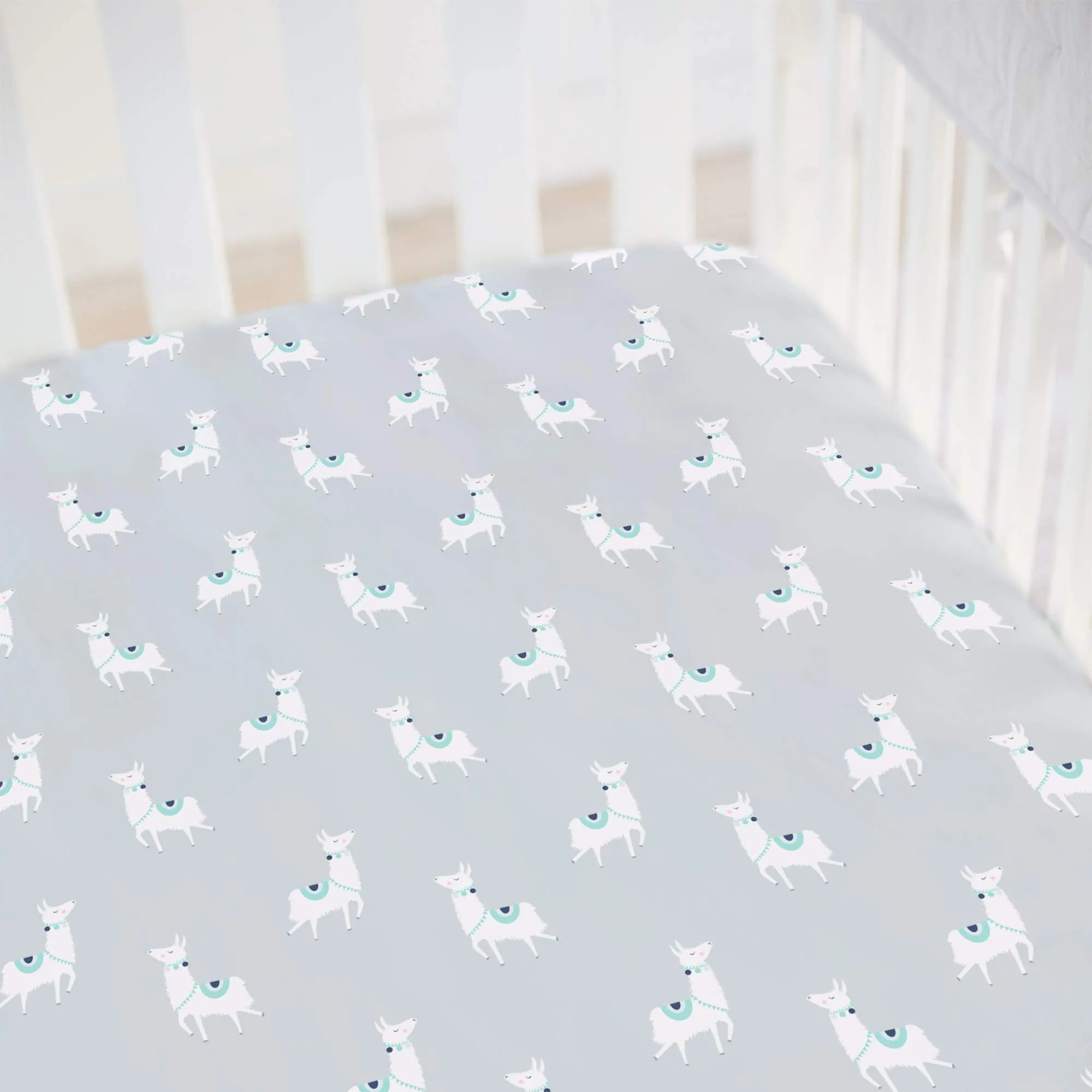 Hello Spud Llamas on Gray Fitted Crib Sheet Organic Cotton Jersey