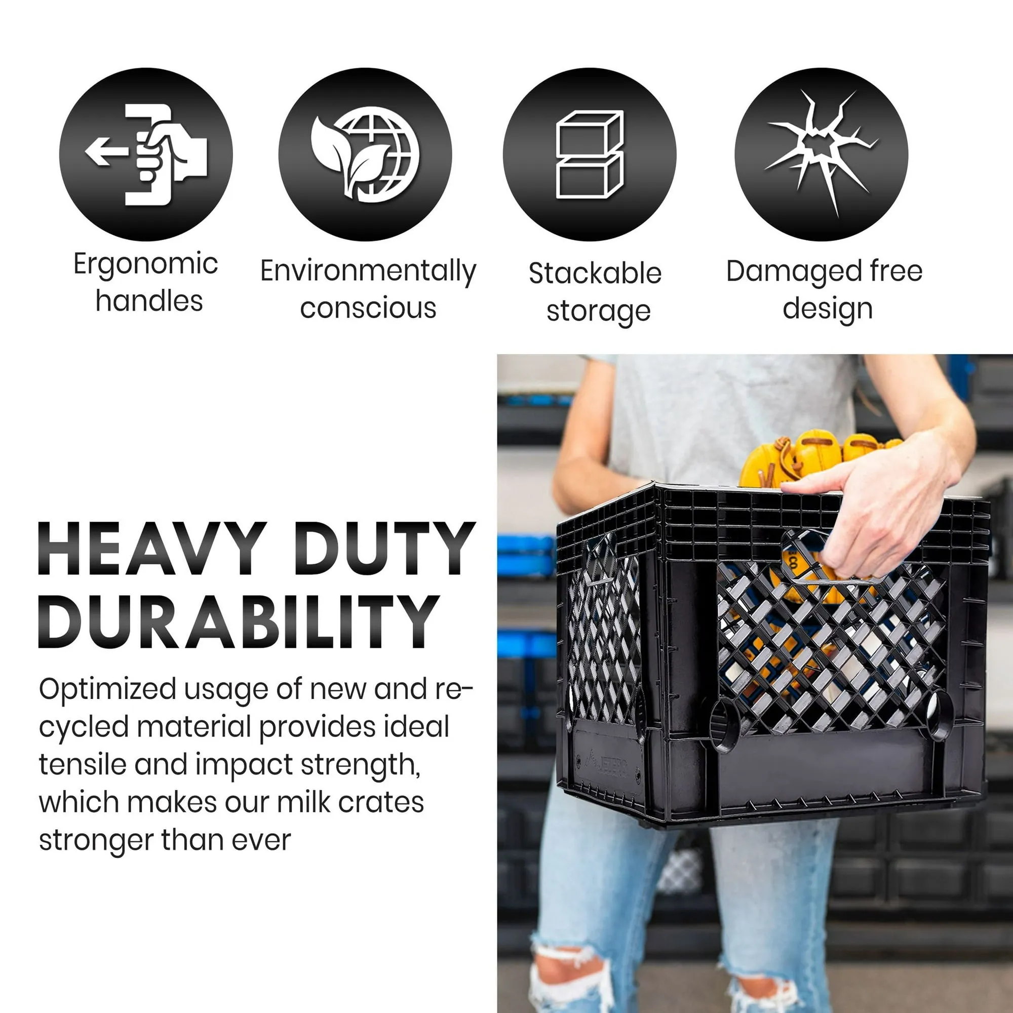 Juggernaut Storage 16QT Heavy-Duty Plastic Square Milk Crate Black - new