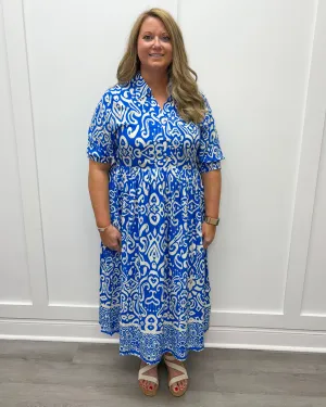 Katie Midi Dress - Blue Damask