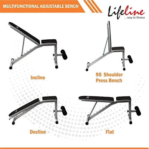 Life Line Fitness LB-311 Adjustable Bench with 8 Levels, Flat, Incline & Decline with Leg Support for Full Body Strength Workout for Men at Home,