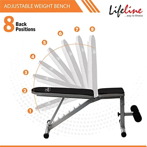 Life Line Fitness LB-311 Adjustable Bench with 8 Levels, Flat, Incline & Decline with Leg Support for Full Body Strength Workout for Men at Home,