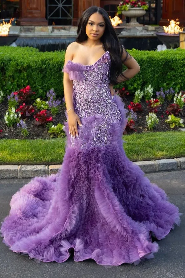Lilac Modern One Shoulder Ruffles Front Slit Prom Dress